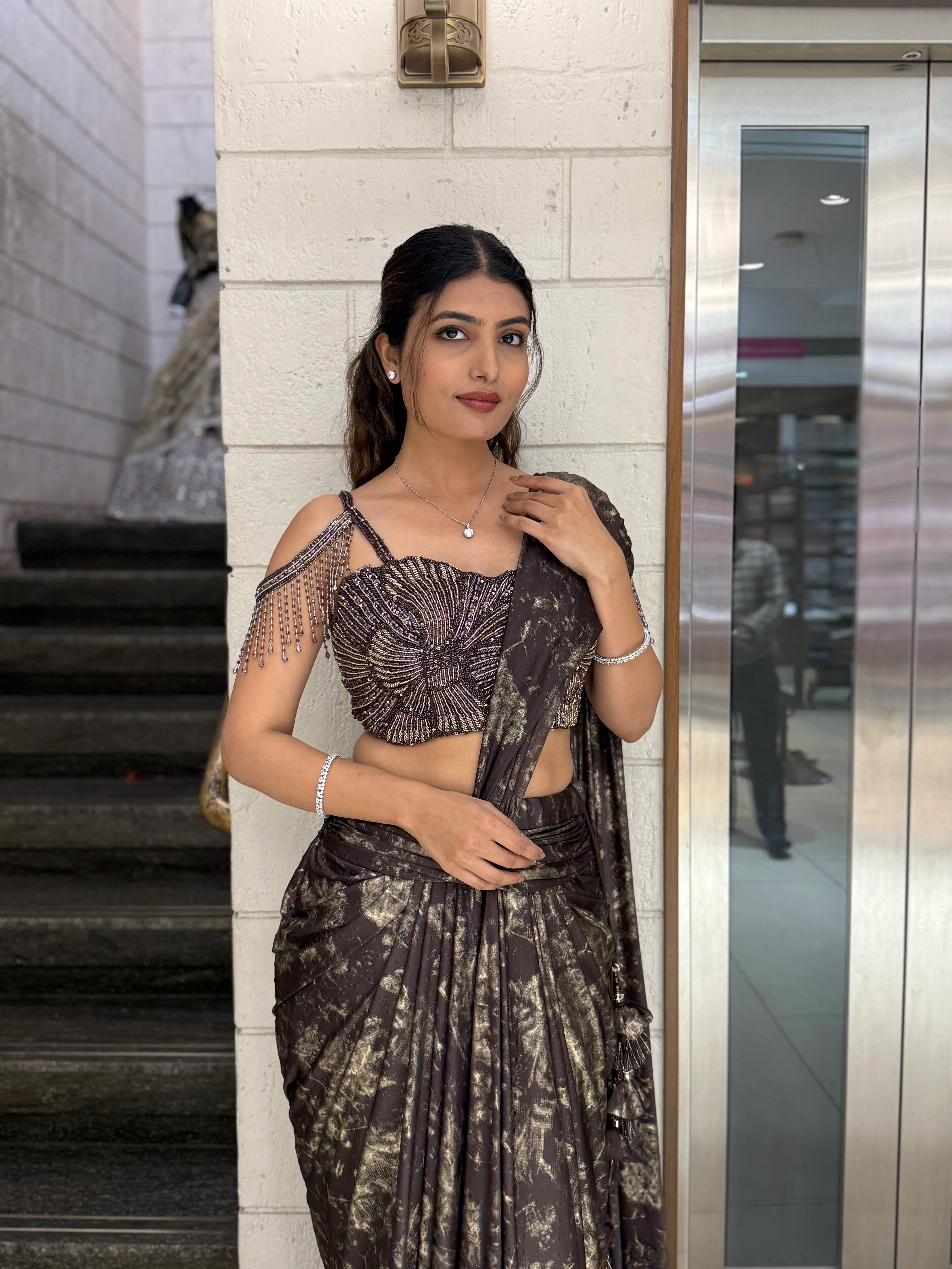 Black & Gold Ready-to-Wear Draped Saree with Heavy Designer Blouse - Image 4