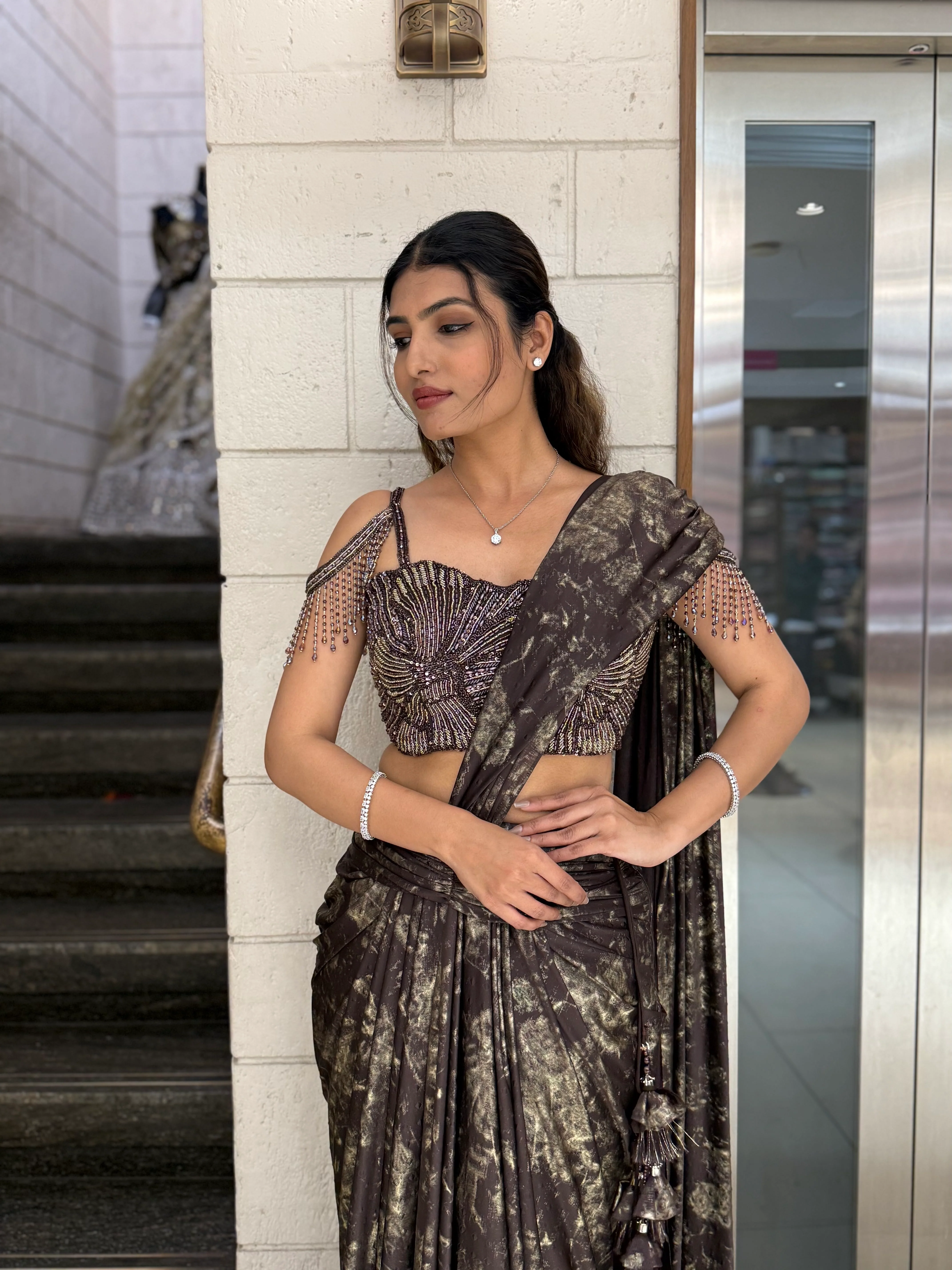 Black & Gold Ready-to-Wear Draped Saree with Heavy Designer Blouse - Image 5