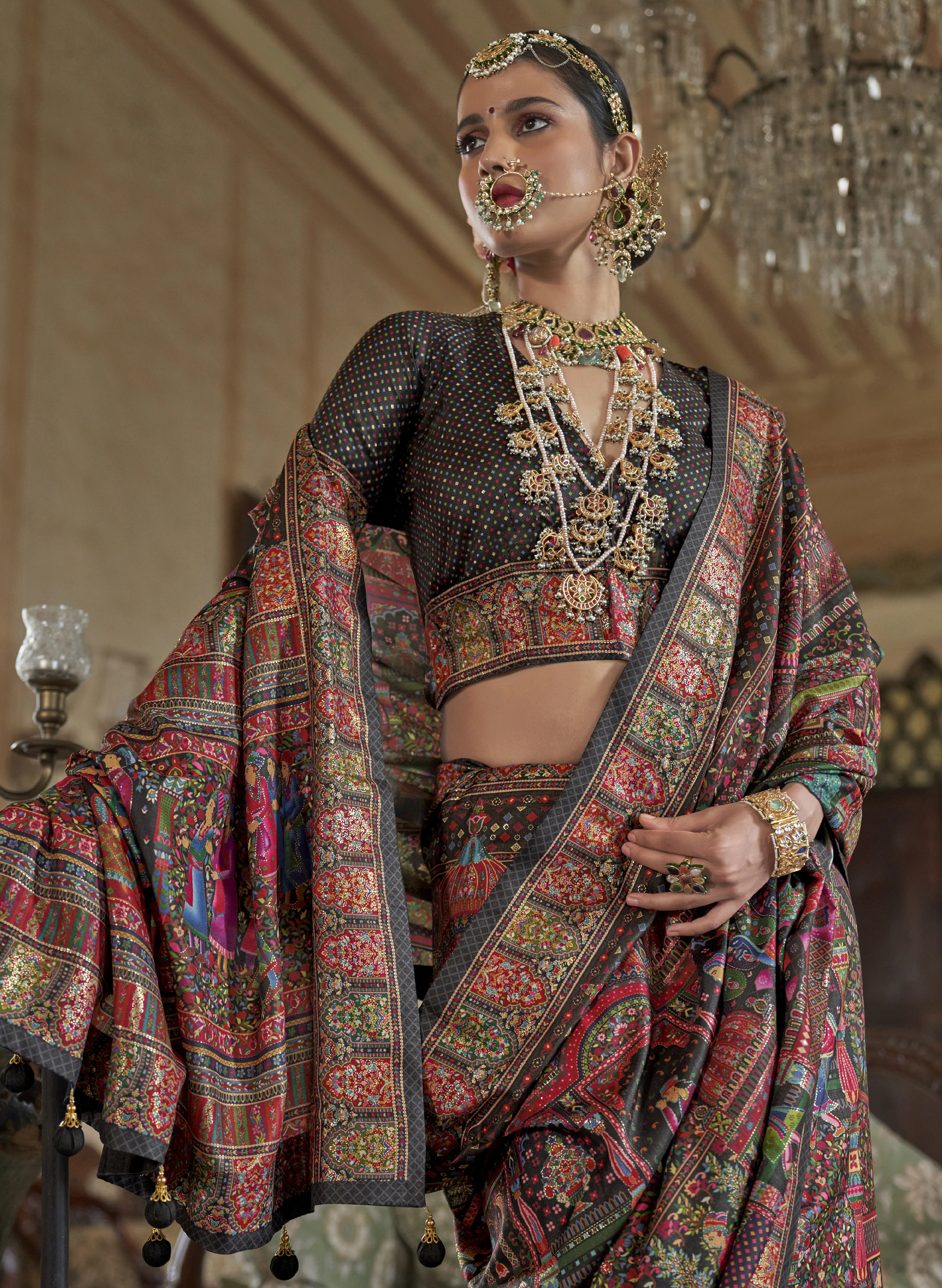 Black Heritage Pashmina Inspired Designer Saree with Royal Multicolour Border - Image 2