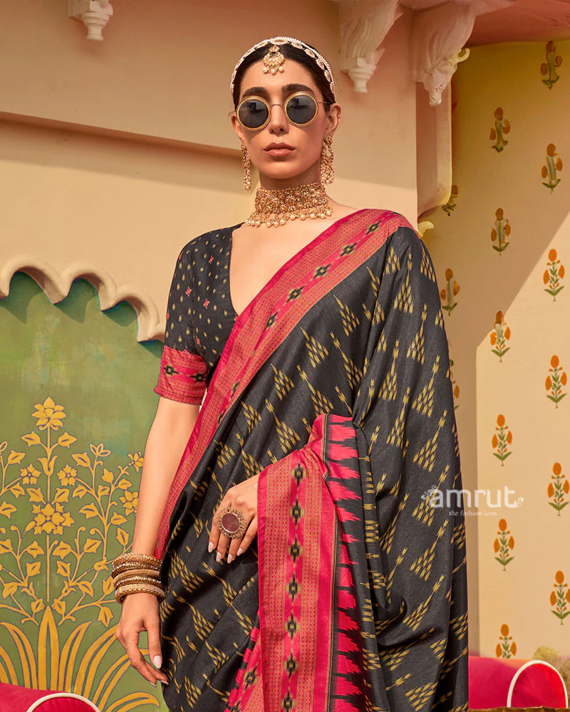 Black Ikat Printed  Saree with Contrast Red Border and Unstitched Blouse - Image 2
