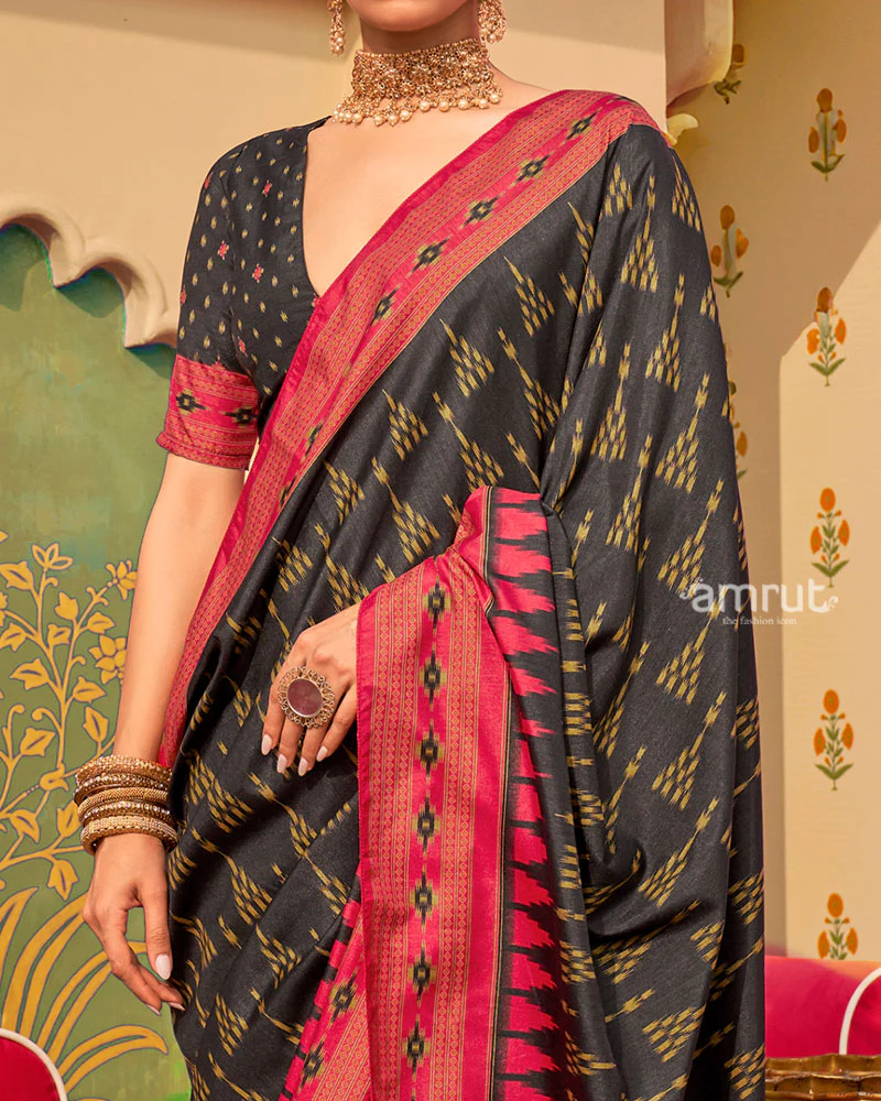 Black Ikat Printed  Saree with Contrast Red Border and Unstitched Blouse - Image 3