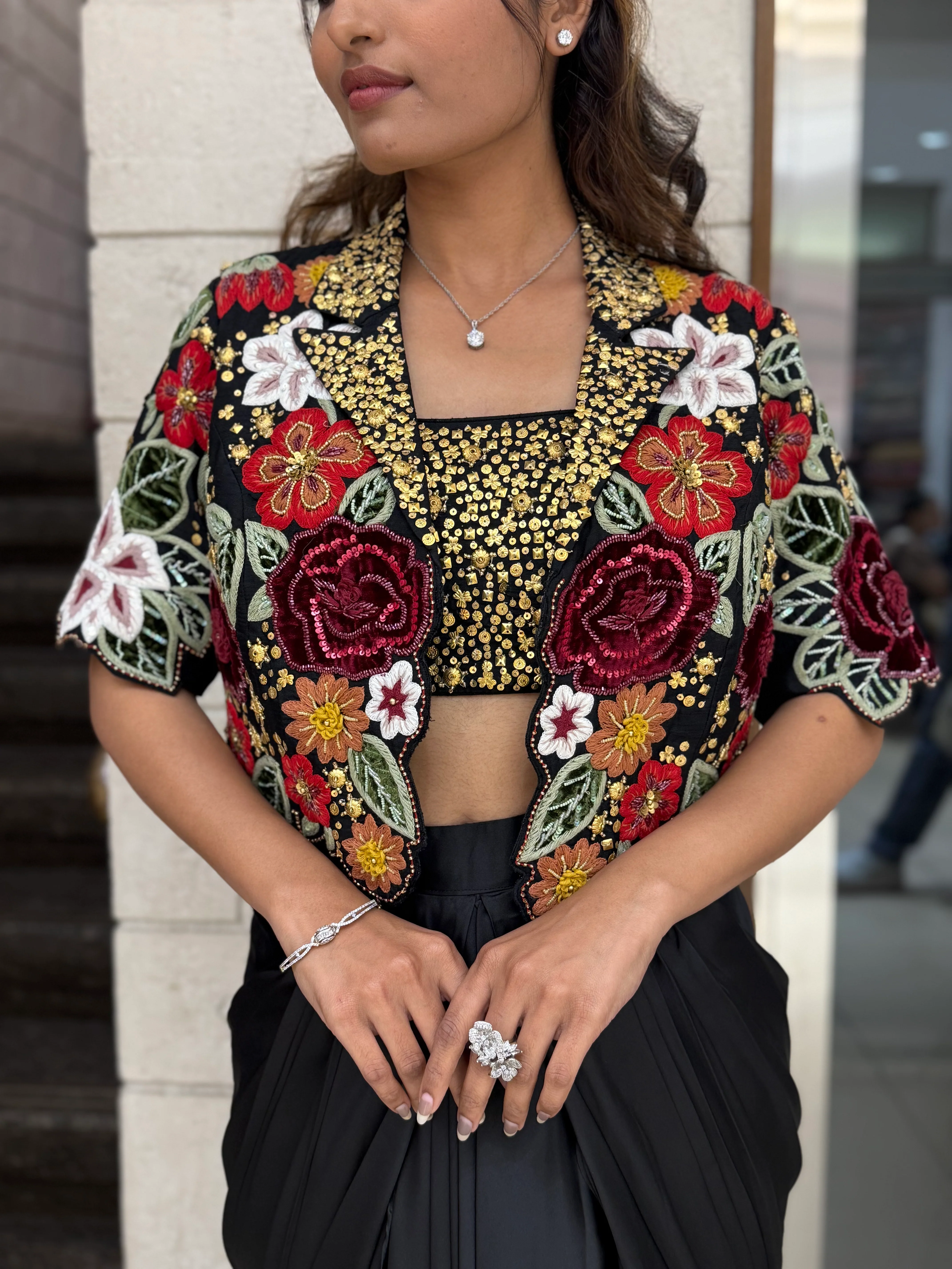 Black Indo-Western Draped Dhoti Skirt Set with Sequin Blouse & Embroidered Jacket - Image 2