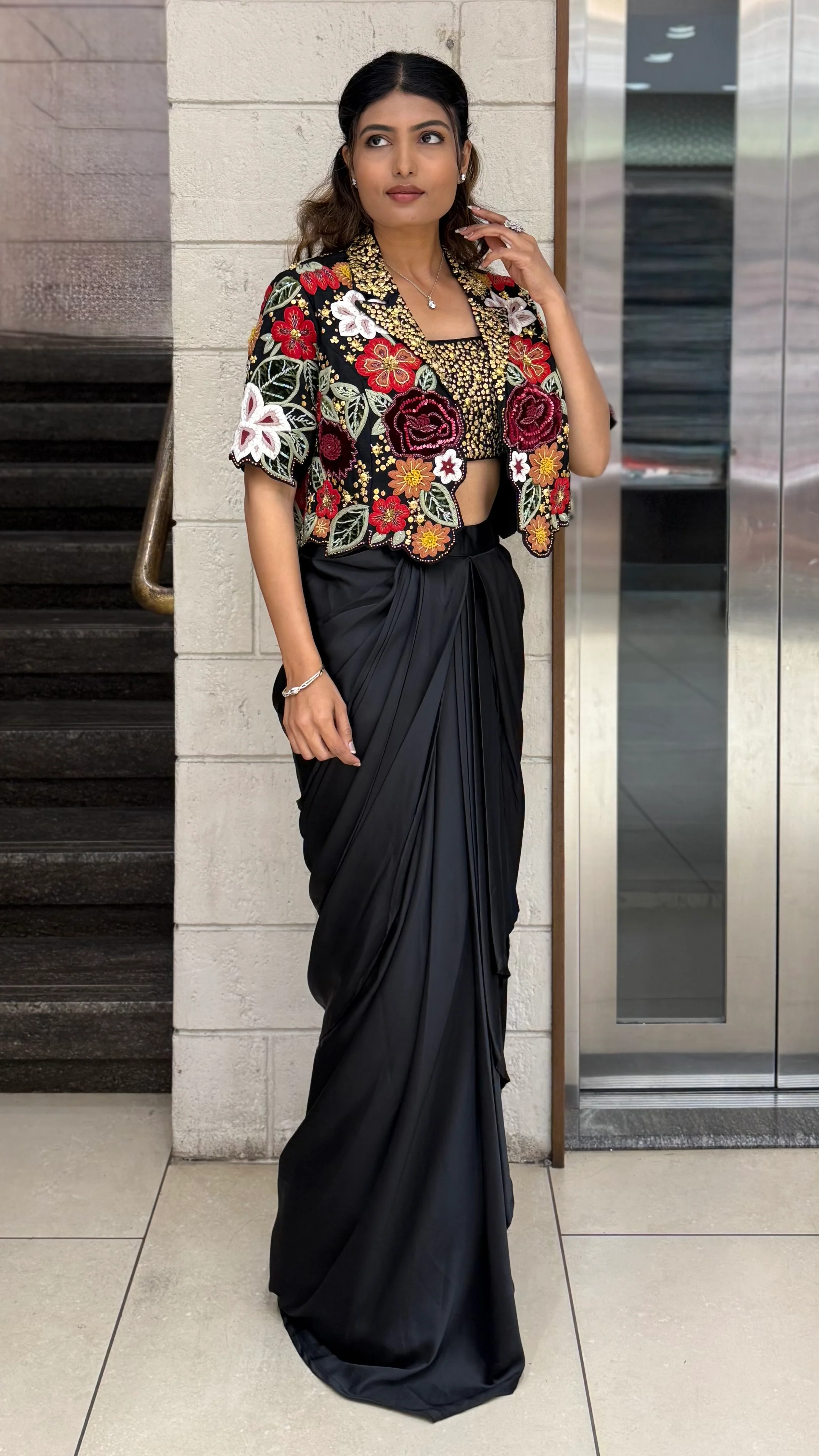 Black Indo-Western Draped Dhoti Skirt Set with Sequin Blouse & Embroidered Jacket - Image 3