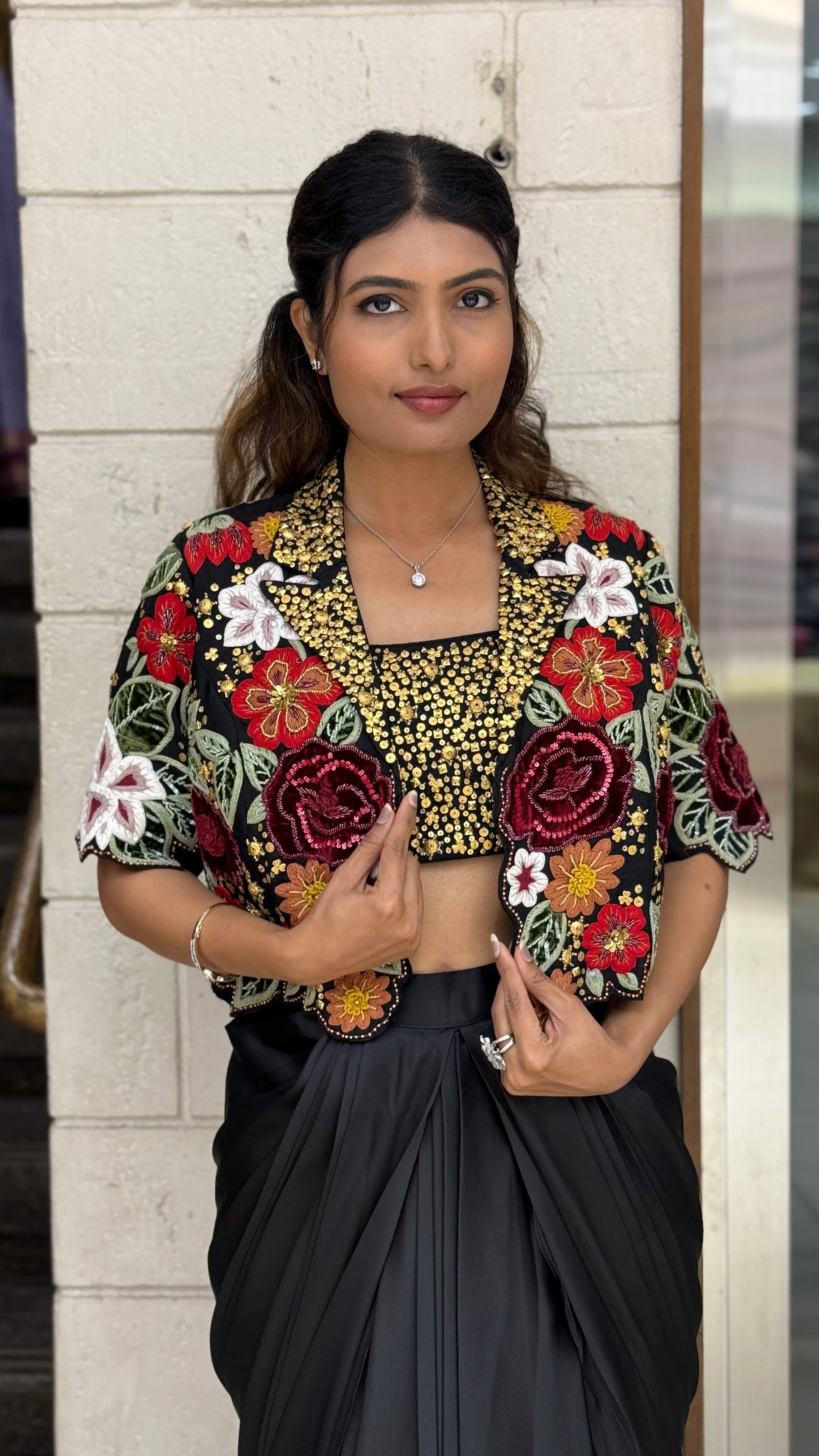 Black Indo-Western Draped Dhoti Skirt Set with Sequin Blouse & Embroidered Jacket - Image 4