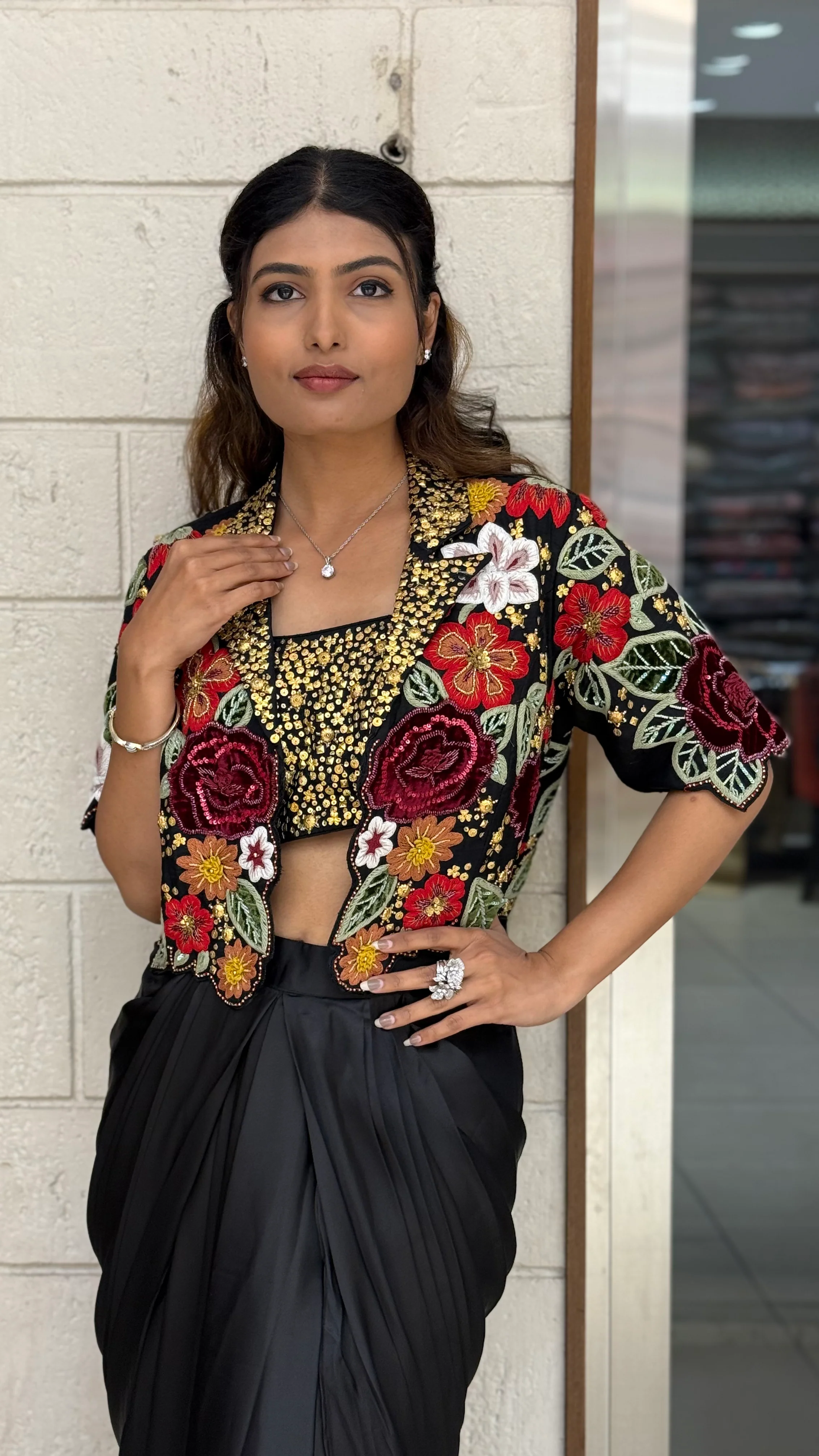 Black Indo-Western Draped Dhoti Skirt Set with Sequin Blouse & Embroidered Jacket - Image 5