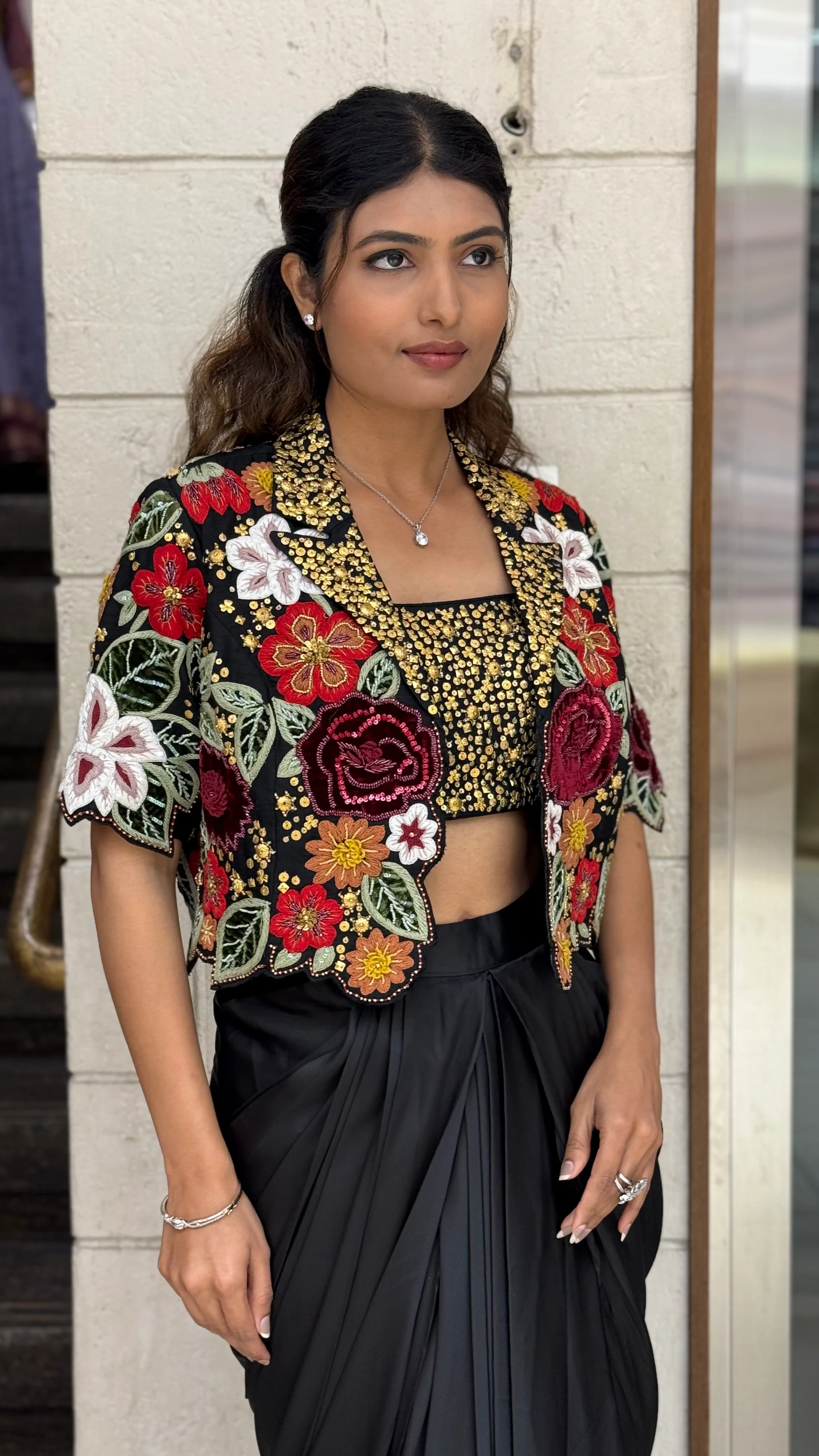 Black Indo-Western Draped Dhoti Skirt Set with Sequin Blouse & Embroidered Jacket - Image 6