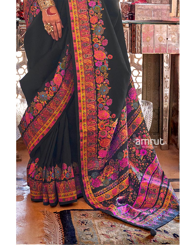 Black Intricate Floral Print Embellished Pashmina Silk Saree with Unstitched Blouse - Image 3