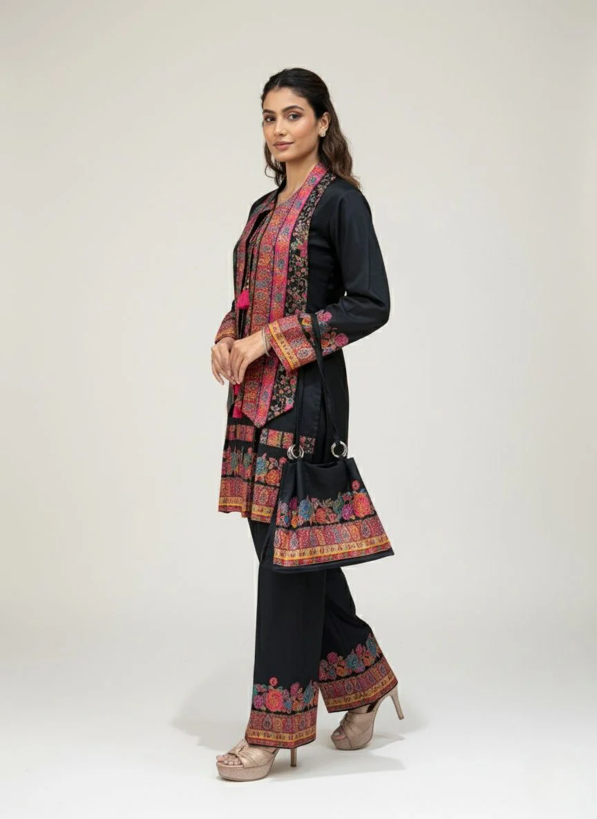 Black Kashmiri Embroidered Suit Set with Matching Bag - Image 3