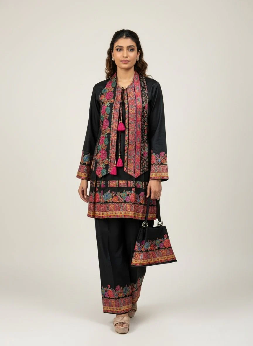 Black Kashmiri Embroidered Suit Set with Matching Bag - Image 4