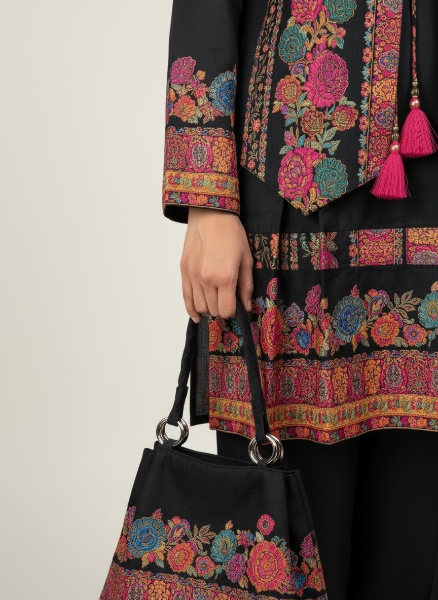 Black Kashmiri Embroidered Suit Set with Matching Bag - Image 5