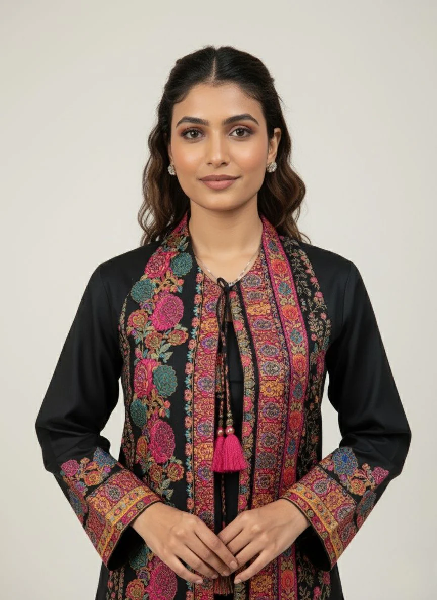Black Kashmiri Embroidered Suit Set with Matching Bag - Image 6