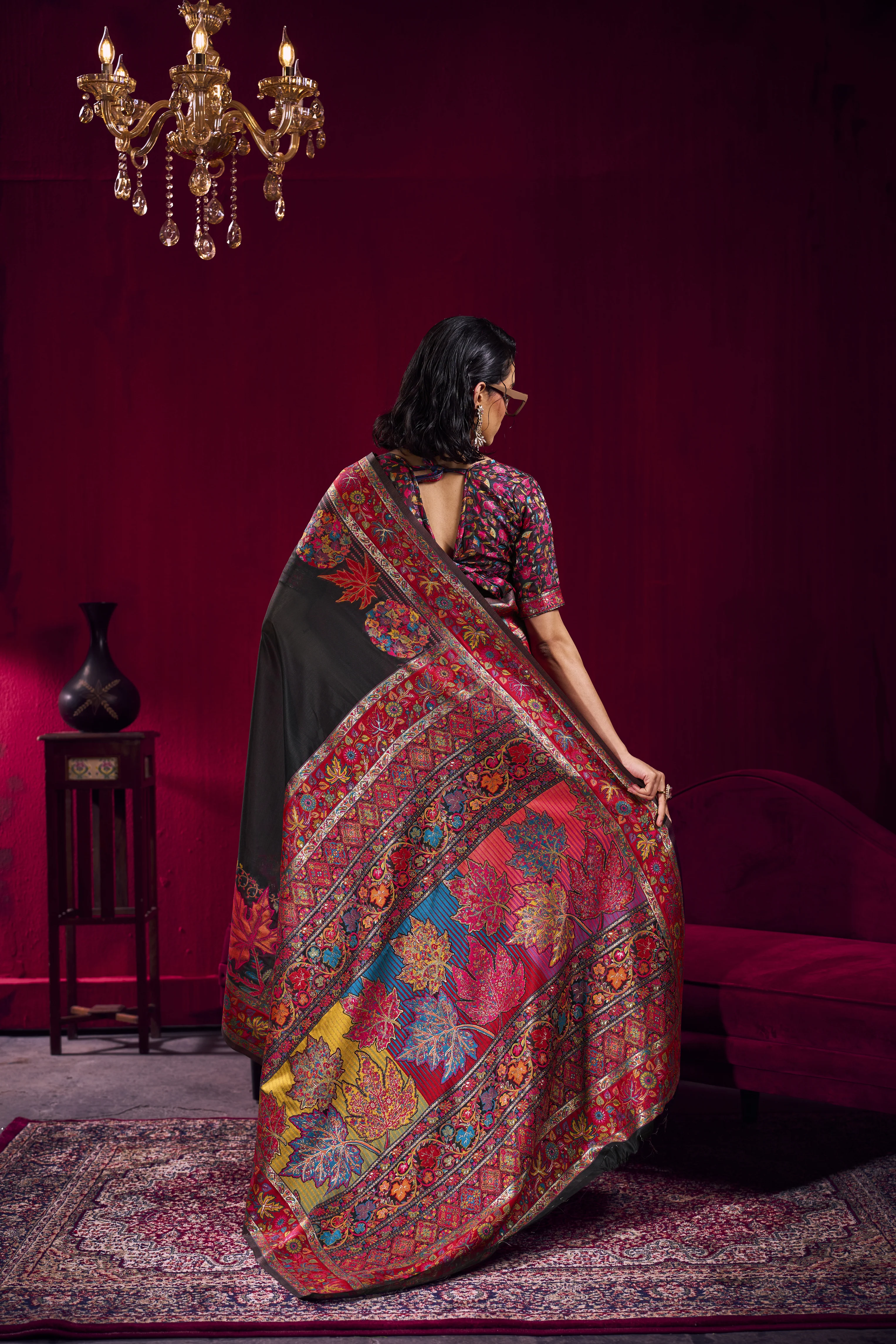 Black Kashmiri Modal Pashmina Saree with Multicolor Floral Weaving - Image 3
