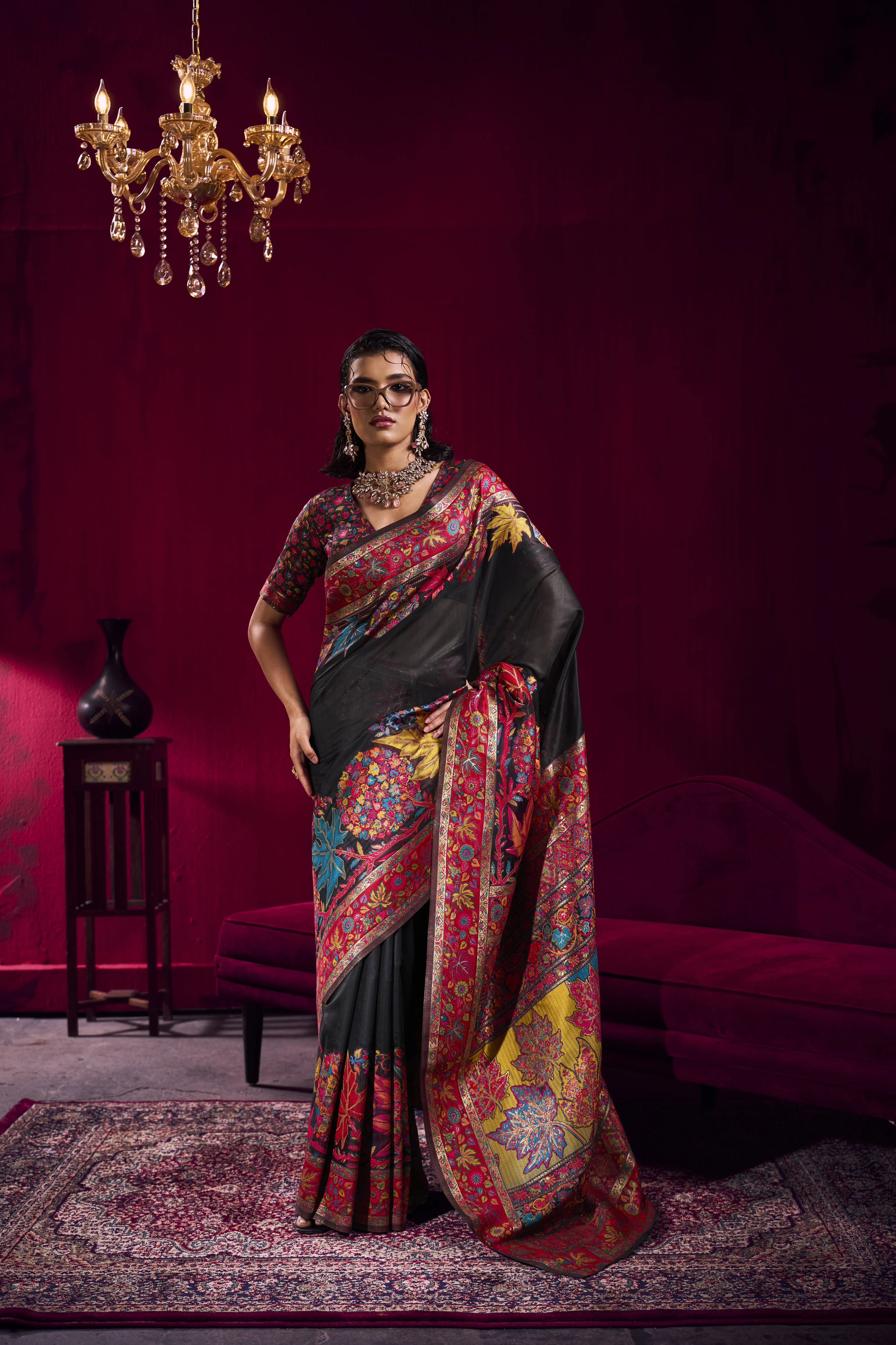 Black Kashmiri Modal Pashmina Saree with Multicolor Floral Weaving - Image 4