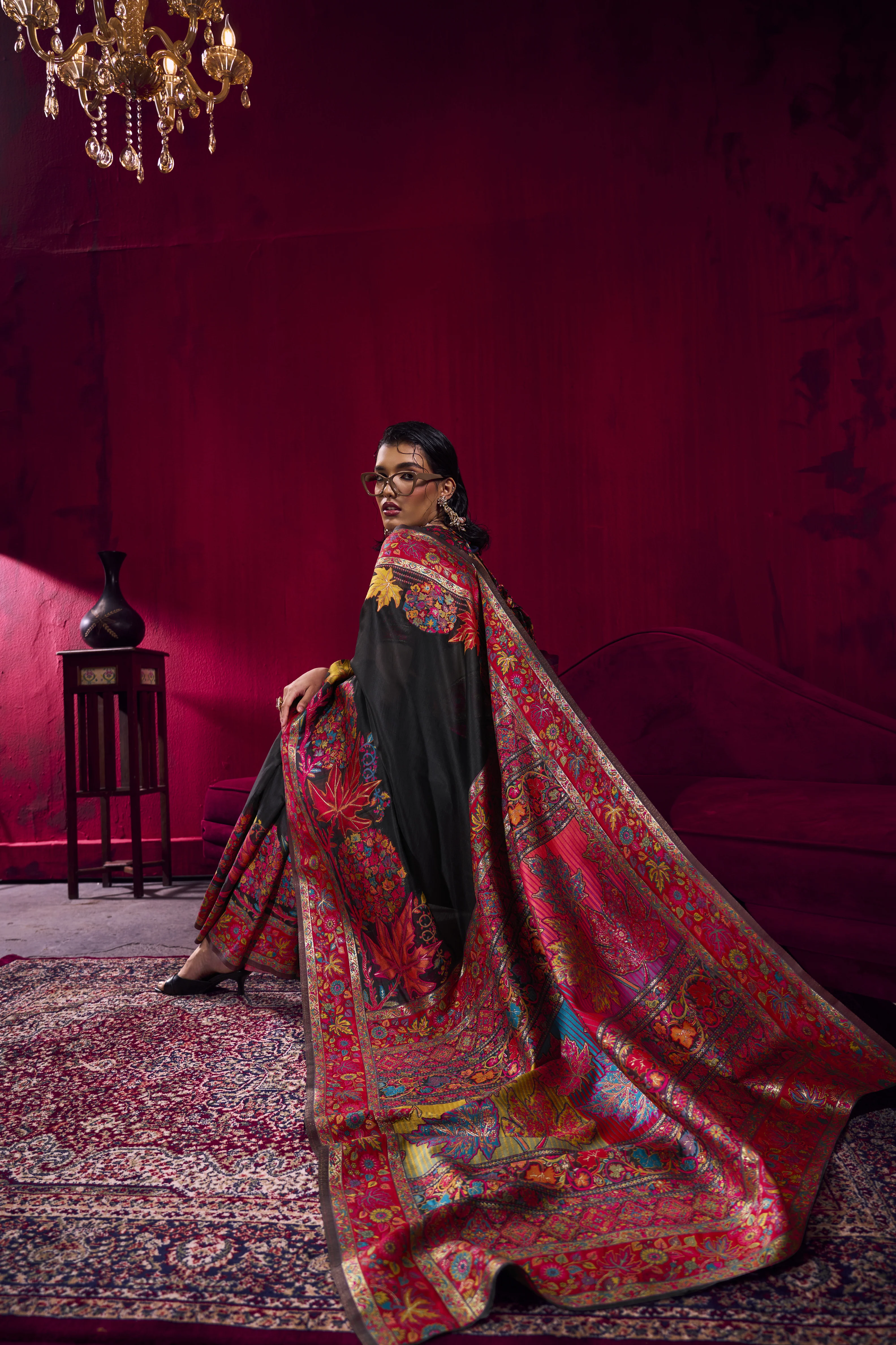 Black Kashmiri Modal Pashmina Saree with Multicolor Floral Weaving - Image 5