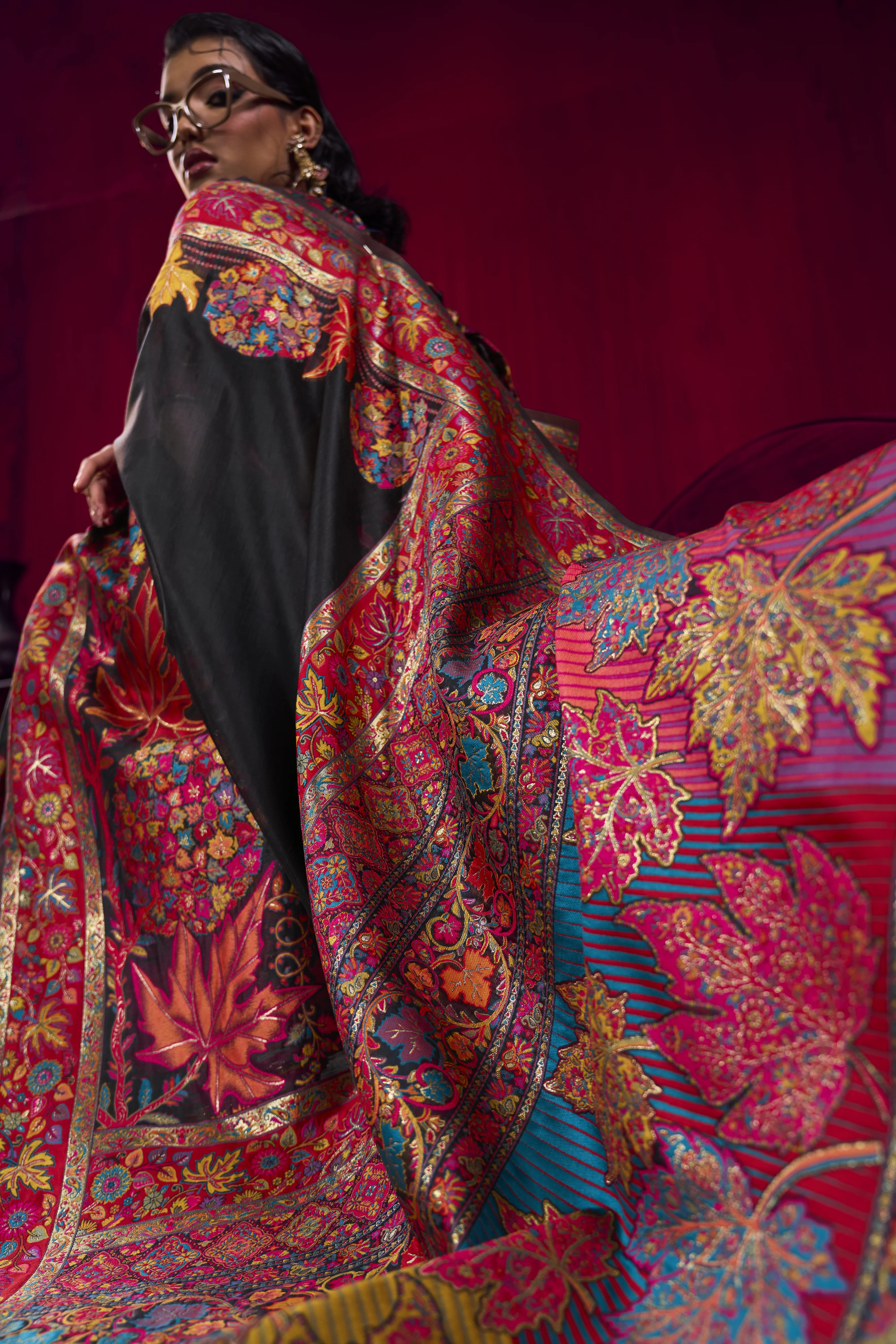 Black Kashmiri Modal Pashmina Saree with Multicolor Floral Weaving - Image 6