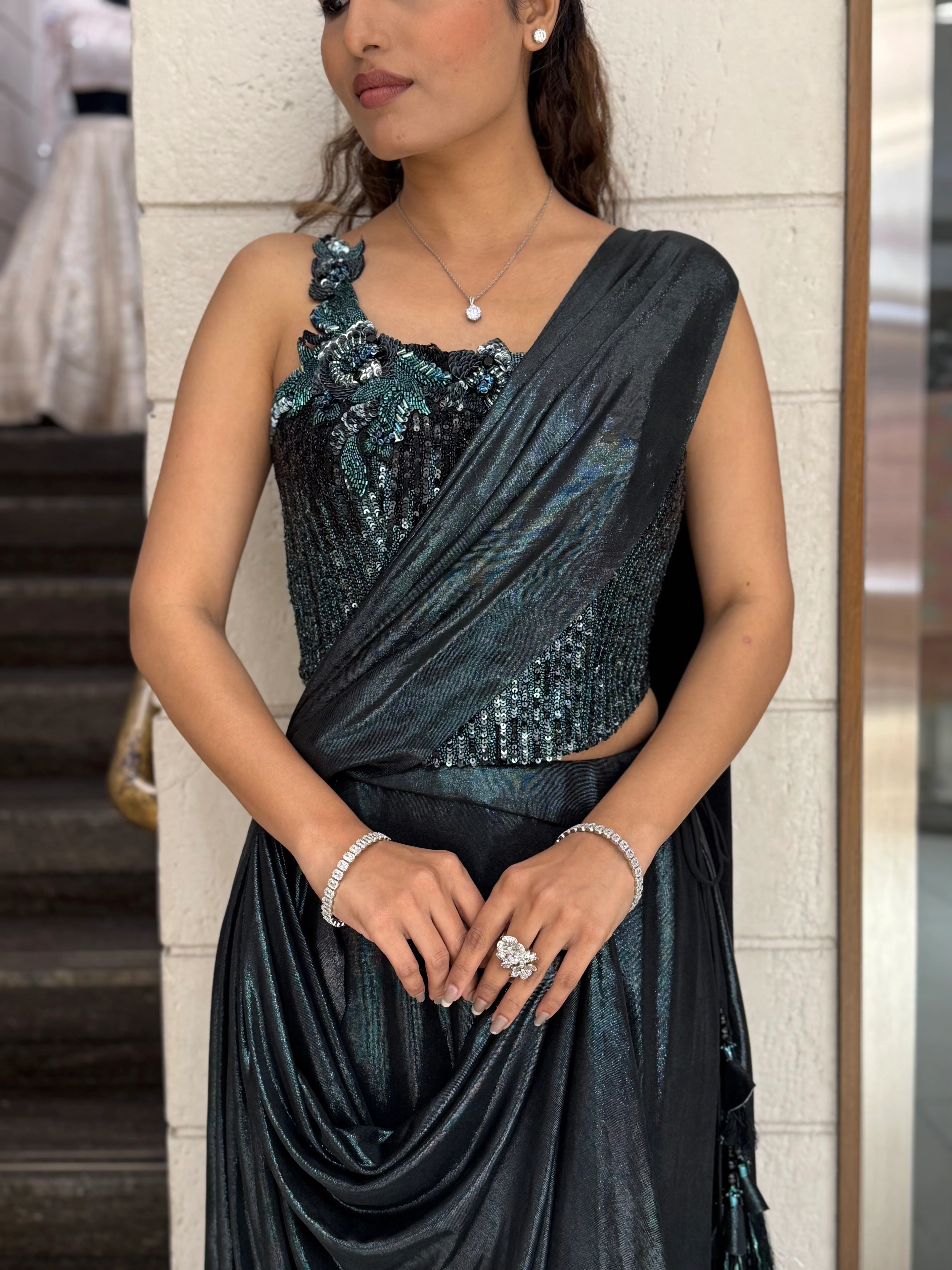 Black Metallic Ready-to-Wear Drape Saree with Heavy Sequin Embellished One-Shoulder Blouse - Image 2
