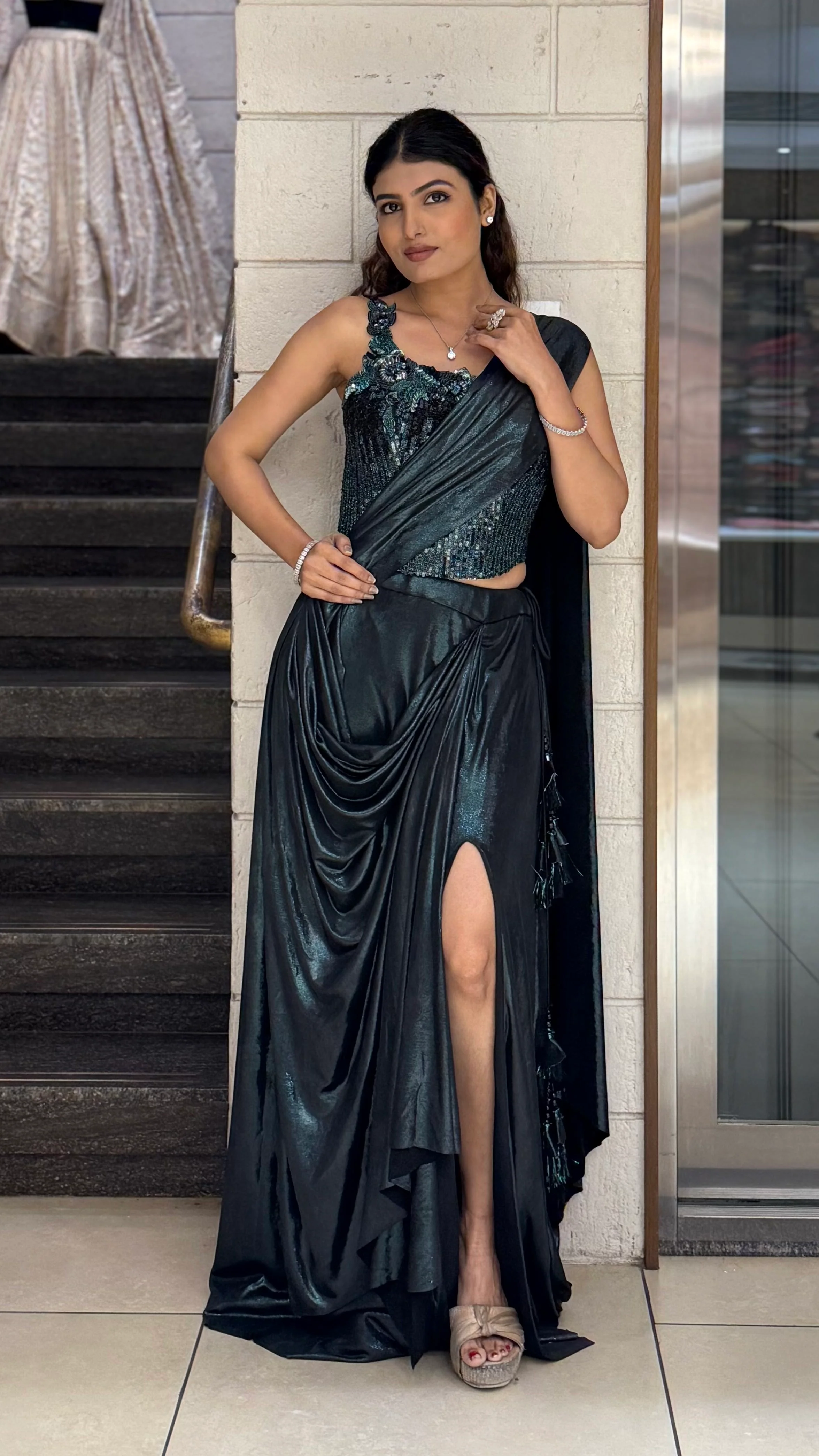 Black Metallic Ready-to-Wear Drape Saree with Heavy Sequin Embellished One-Shoulder Blouse - Image 3