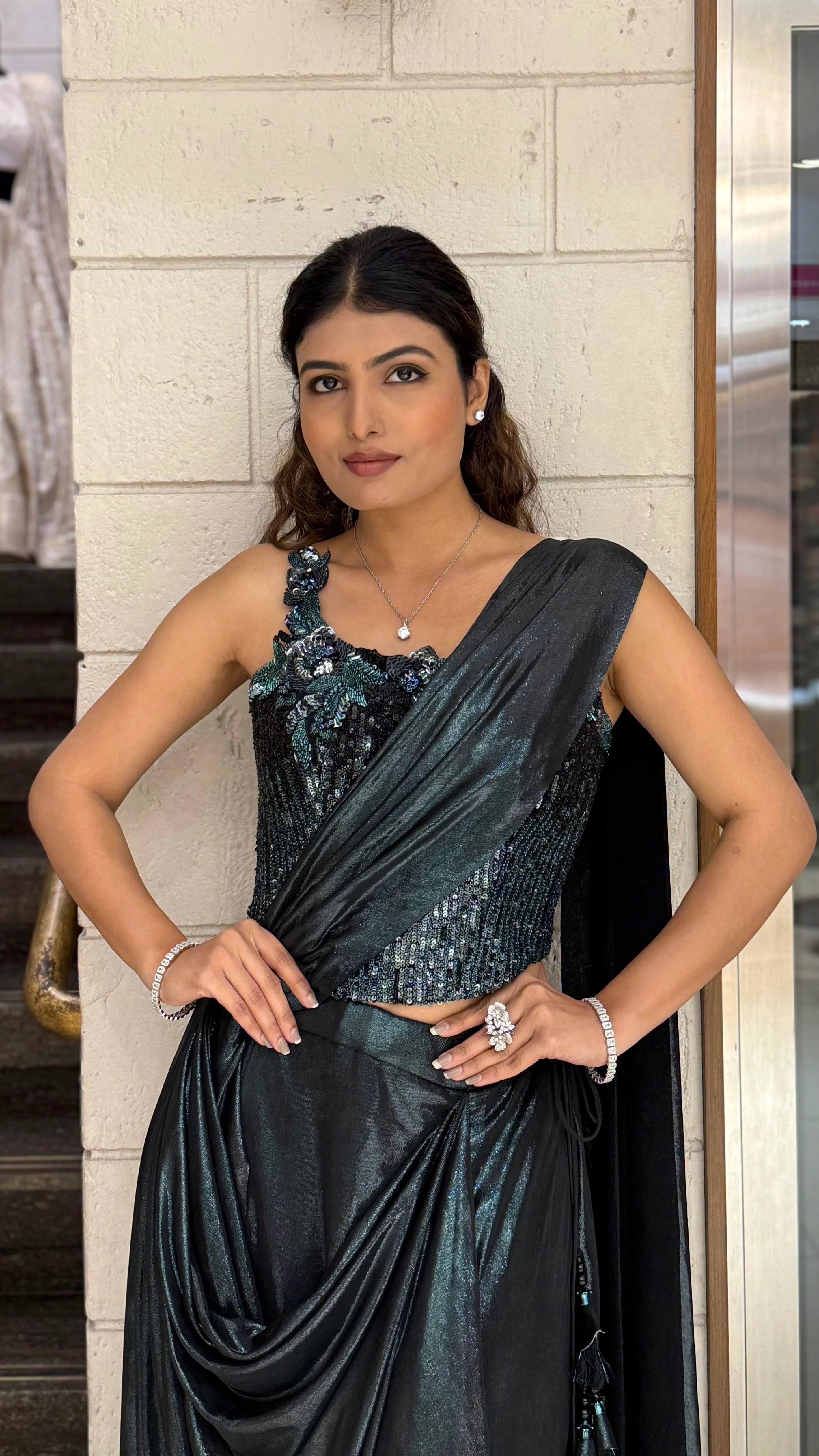 Black Metallic Ready-to-Wear Drape Saree with Heavy Sequin Embellished One-Shoulder Blouse - Image 4
