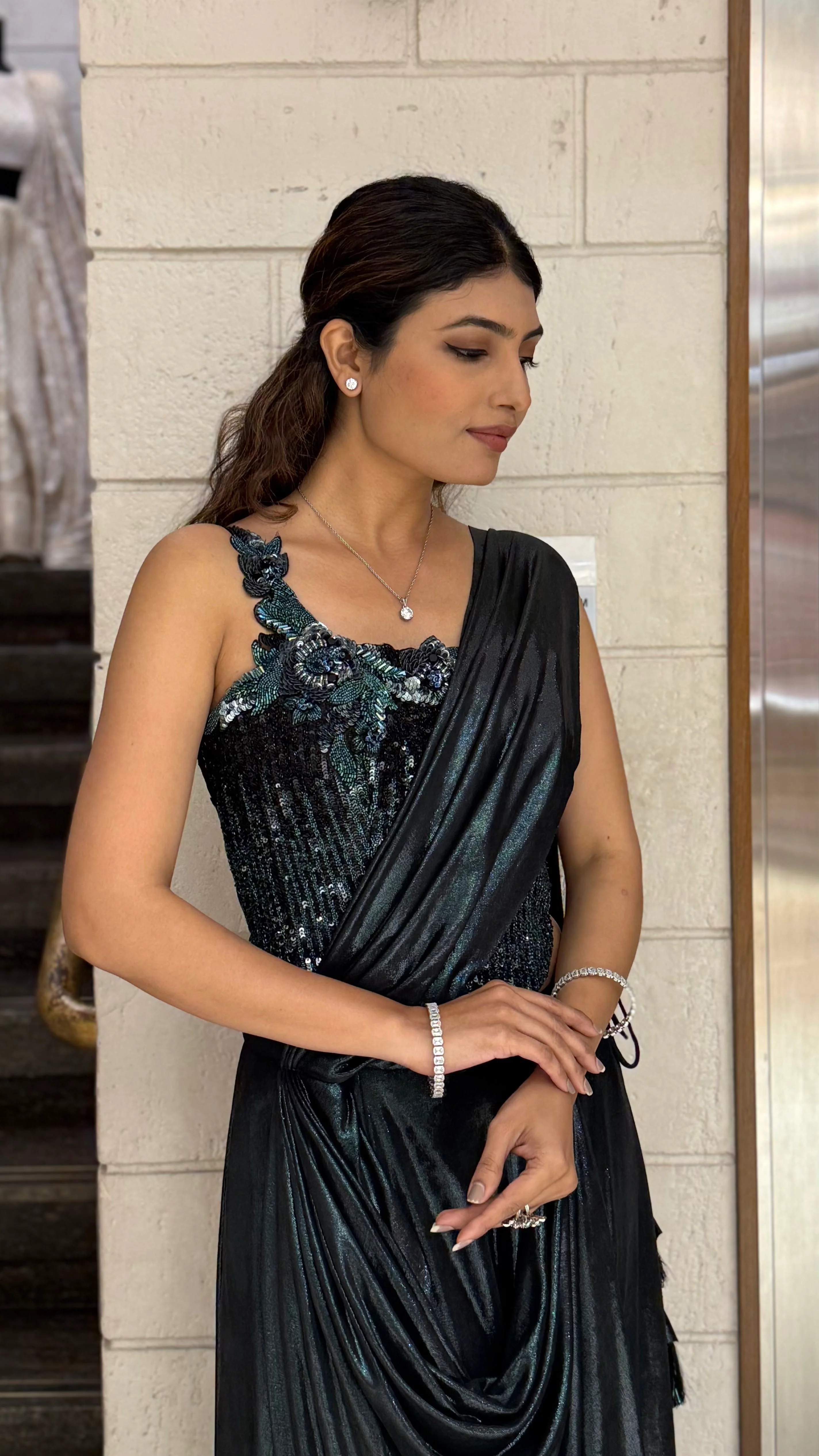 Black Metallic Ready-to-Wear Drape Saree with Heavy Sequin Embellished One-Shoulder Blouse - Image 5