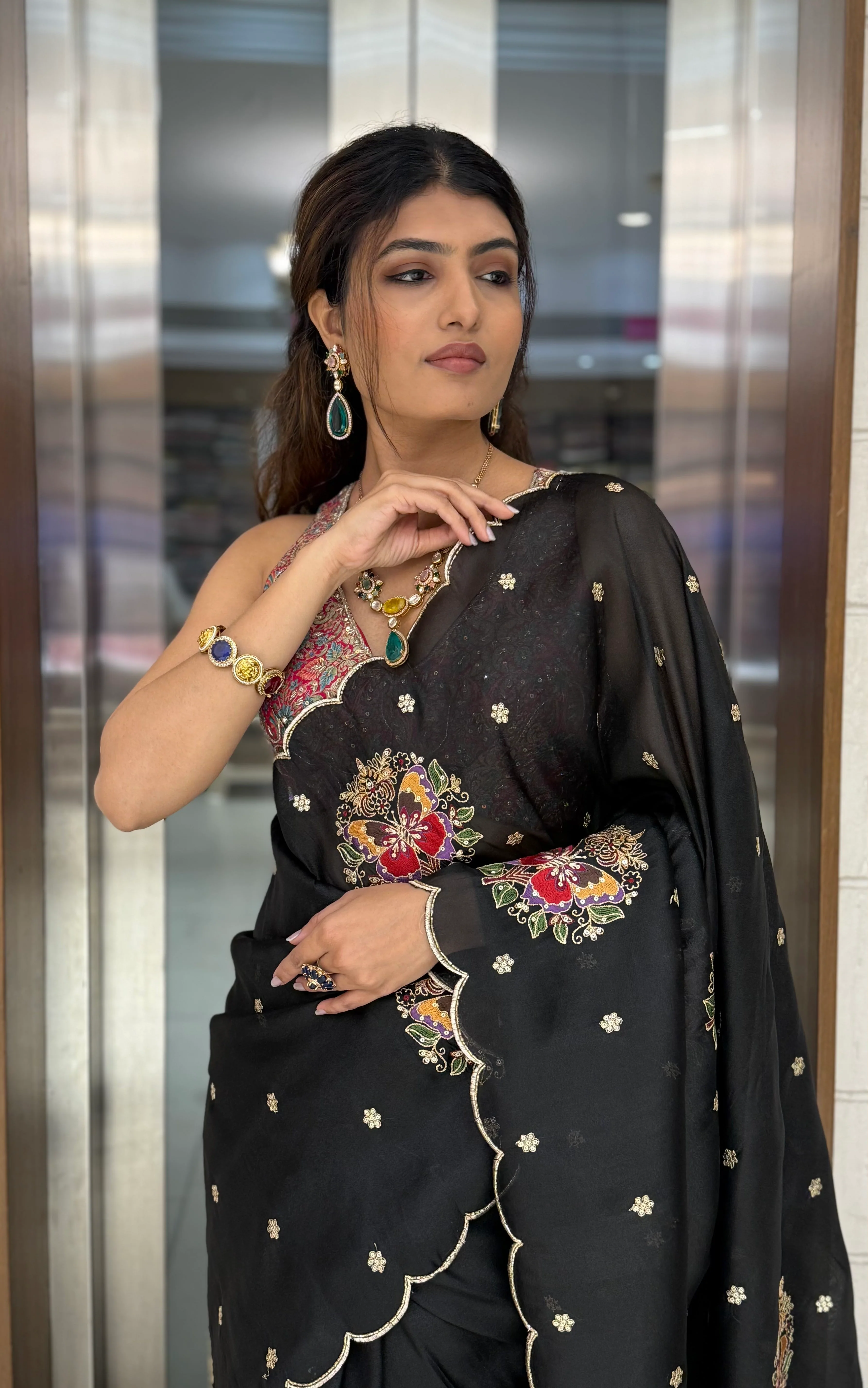 Black Organza Saree with 3D Floral Hand Embroidery & Scalloped Border - Image 2