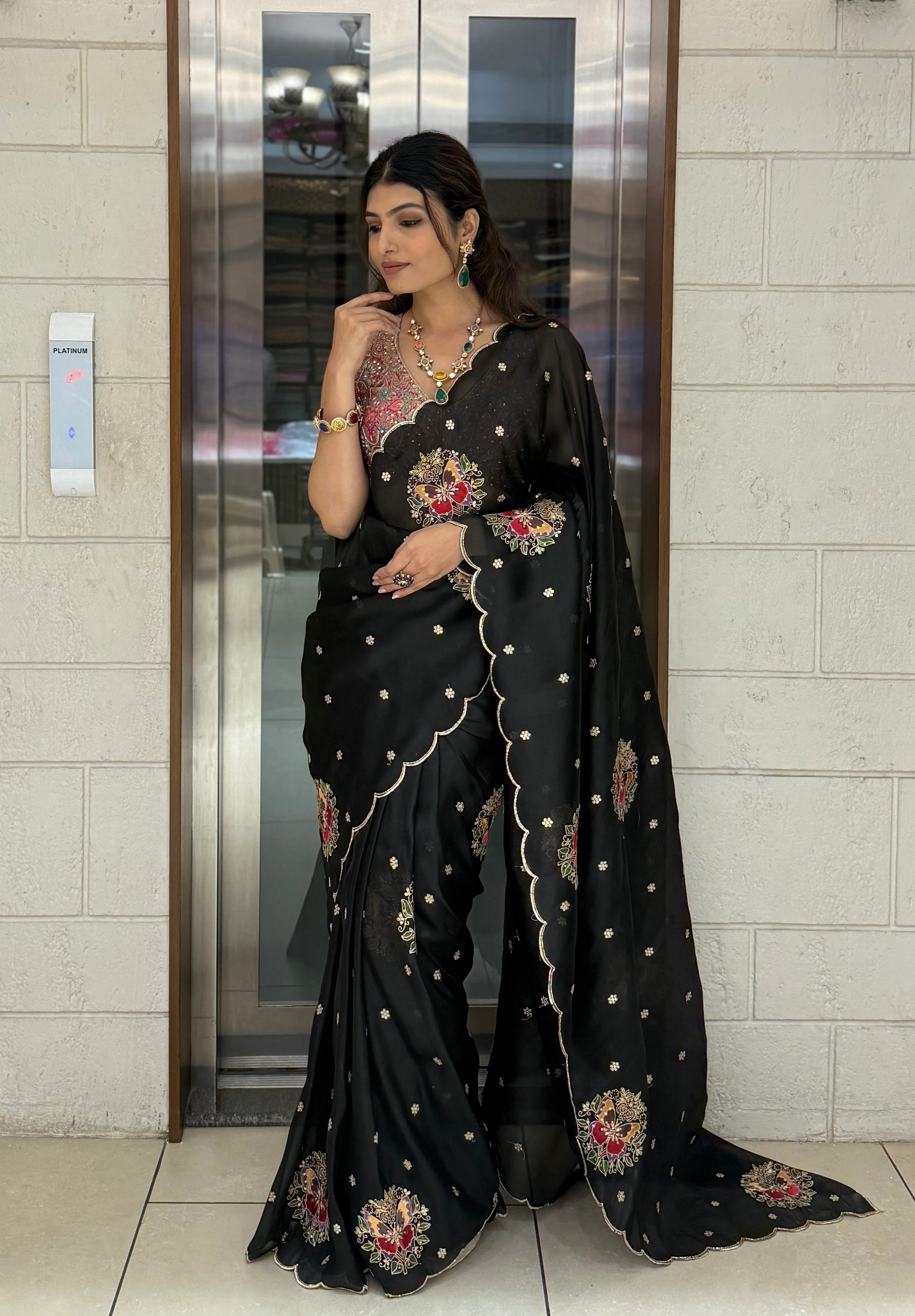 Black Organza Saree with 3D Floral Hand Embroidery & Scalloped Border - Image 3