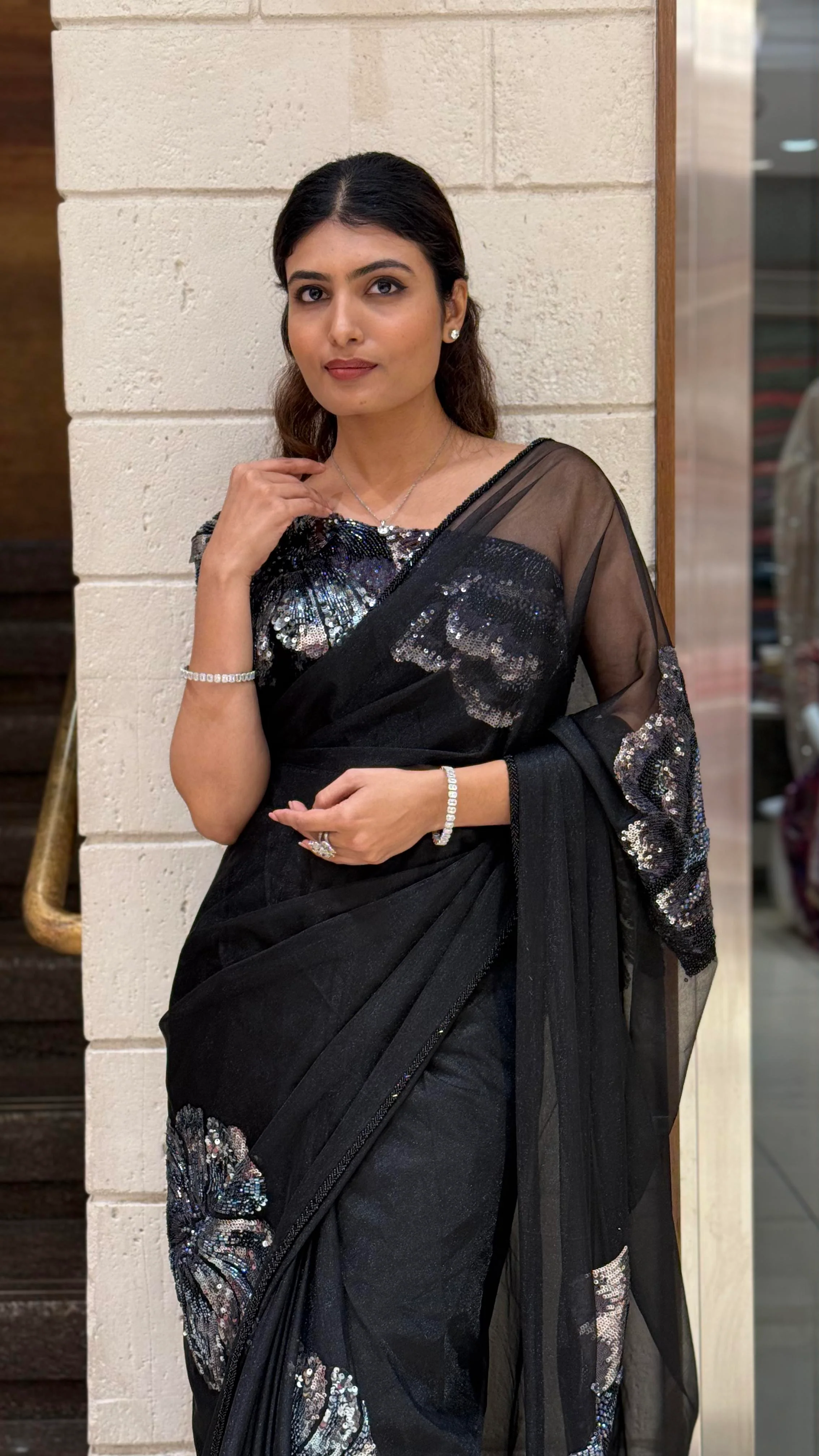 Black Organza Sequin Floral Designer Saree with Matching Embellished Blouse - Image 2