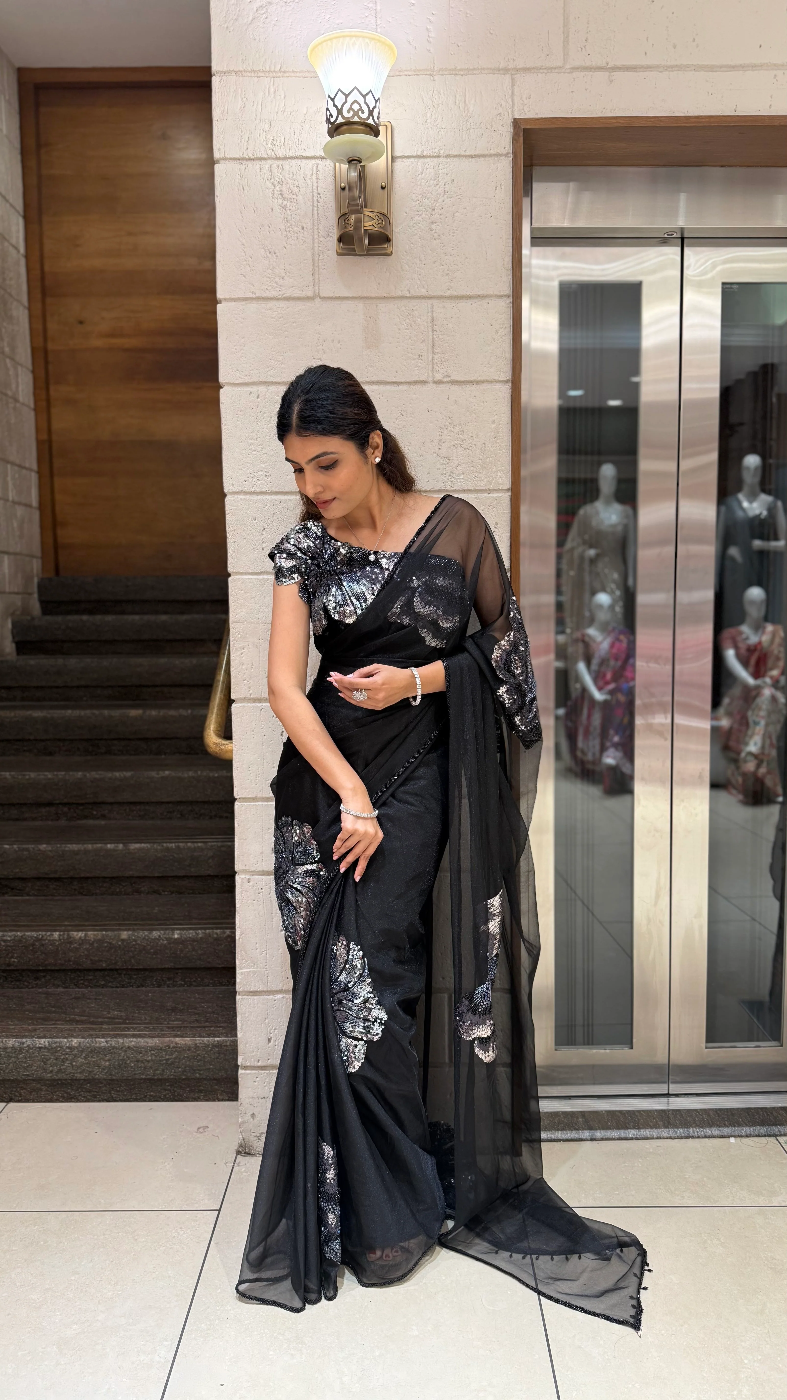 Black Organza Sequin Floral Designer Saree with Matching Embellished Blouse - Image 3