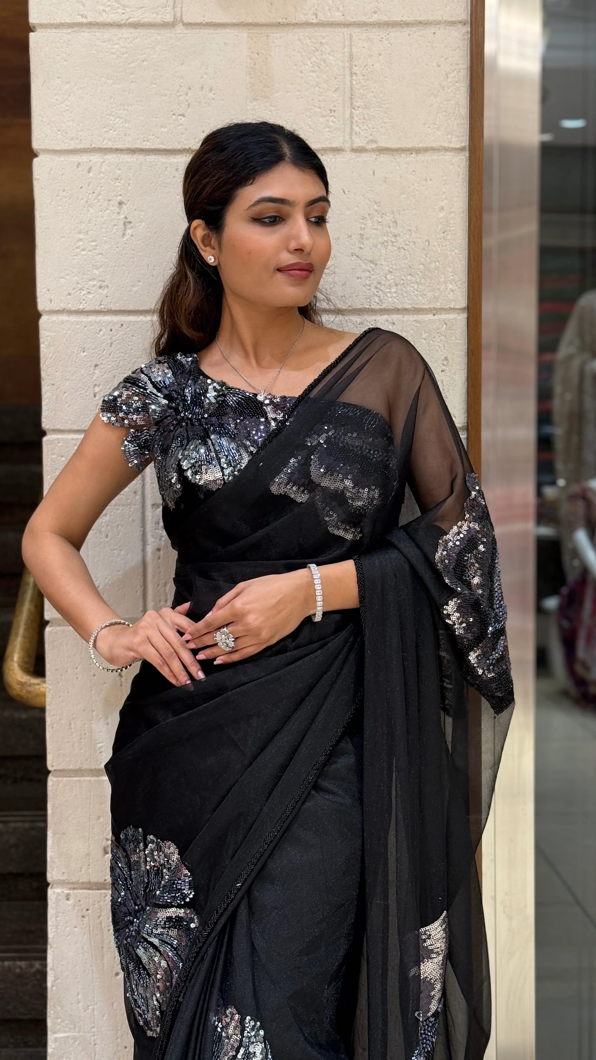 Black Organza Sequin Floral Designer Saree with Matching Embellished Blouse - Image 4
