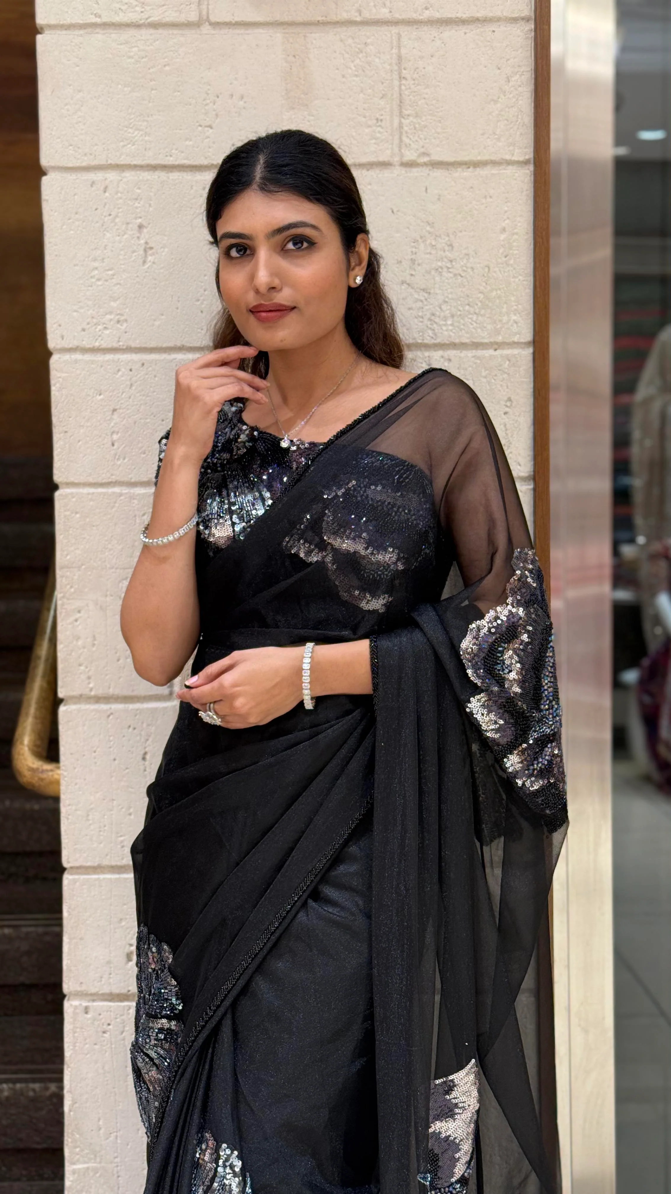 Black Organza Sequin Floral Designer Saree with Matching Embellished Blouse - Image 5