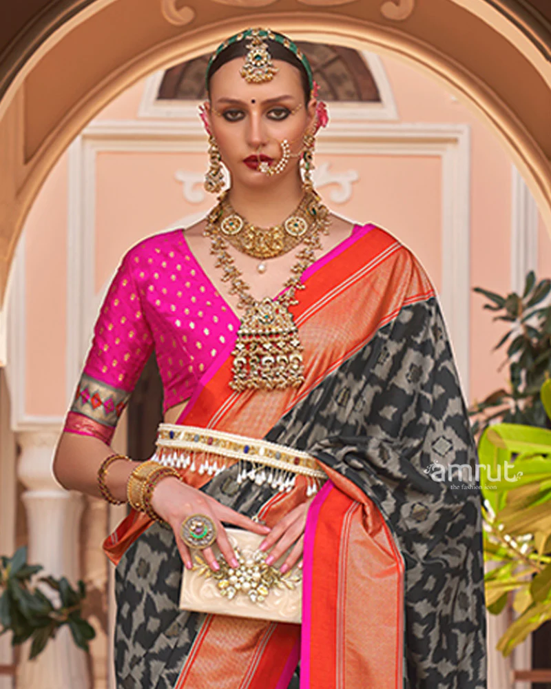 Black Patola Silk Saree with Foil Print & Red-Orange Border with Unstitched Blouse - Image 2