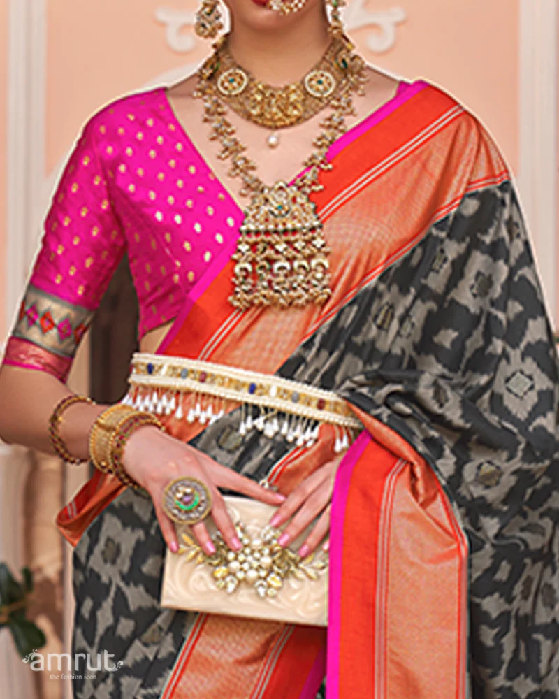 Black Patola Silk Saree with Foil Print & Red-Orange Border with Unstitched Blouse - Image 3