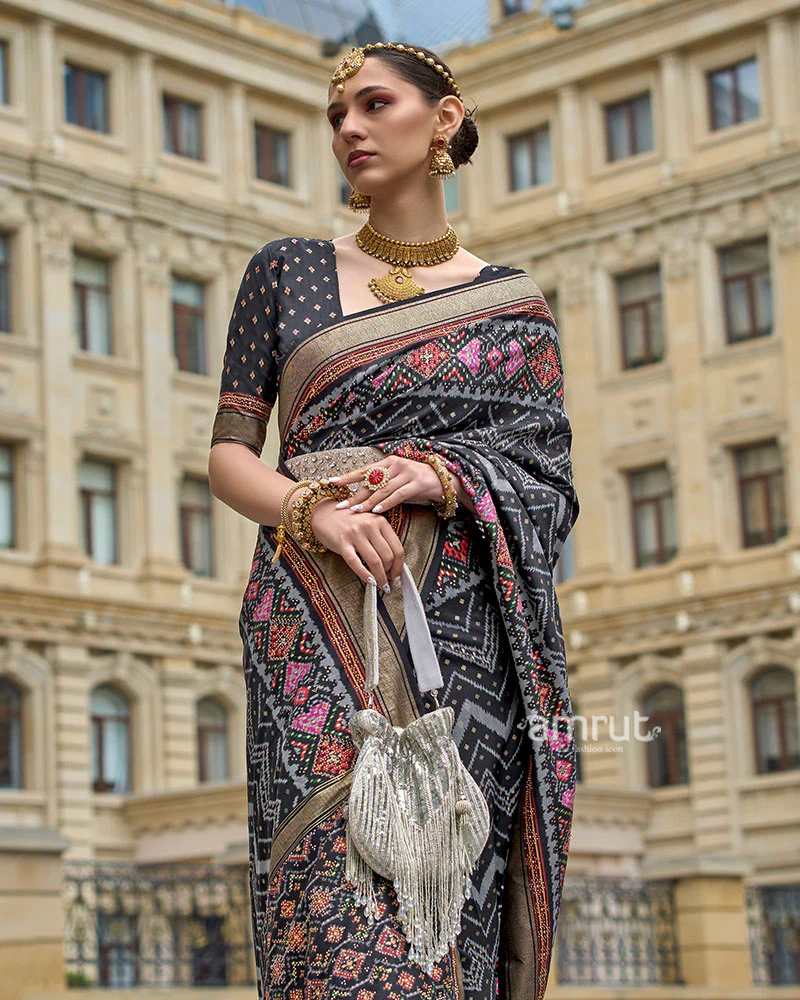 Black Printed Patola Saree with Zari Woven Border and Unstitched Blouse - Image 2