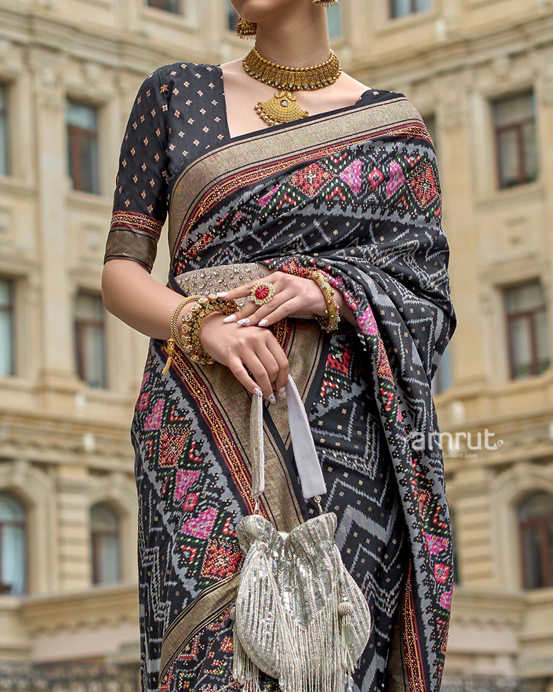 Black Printed Patola Saree with Zari Woven Border and Unstitched Blouse - Image 3