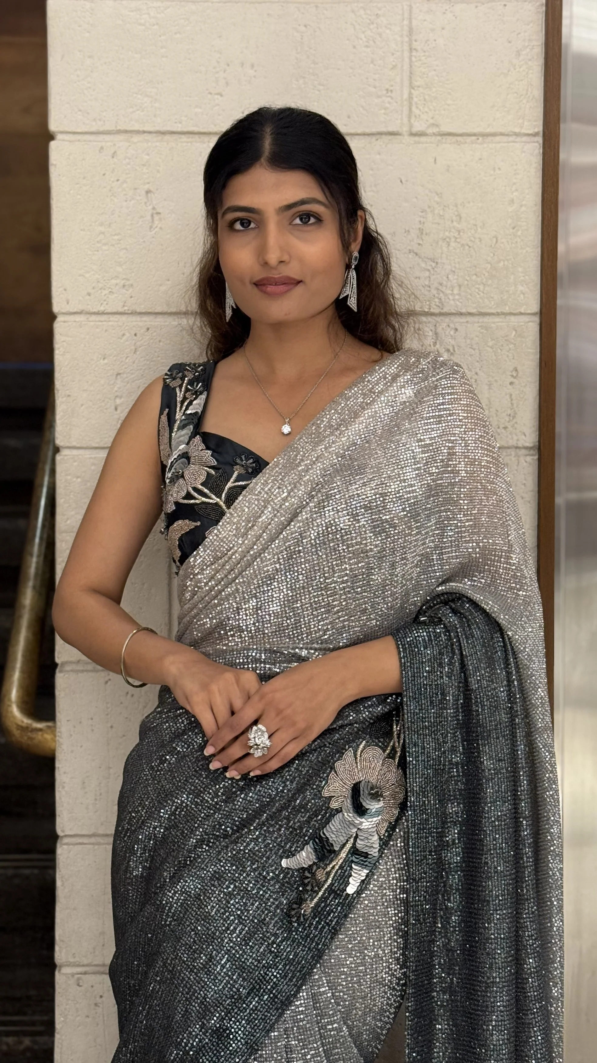 Black Ready-to-Wear Designer Saree with Silver Shimmer & Embellished Blouse - Image 3