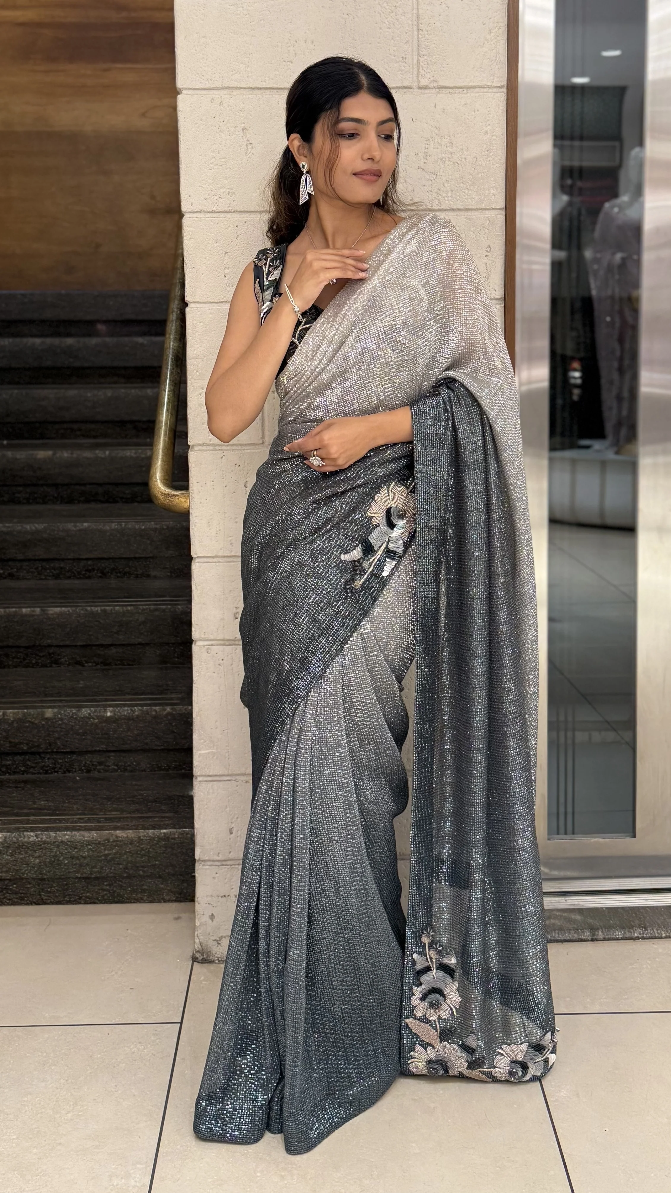 Black Ready-to-Wear Designer Saree with Silver Shimmer & Embellished Blouse - Image 6
