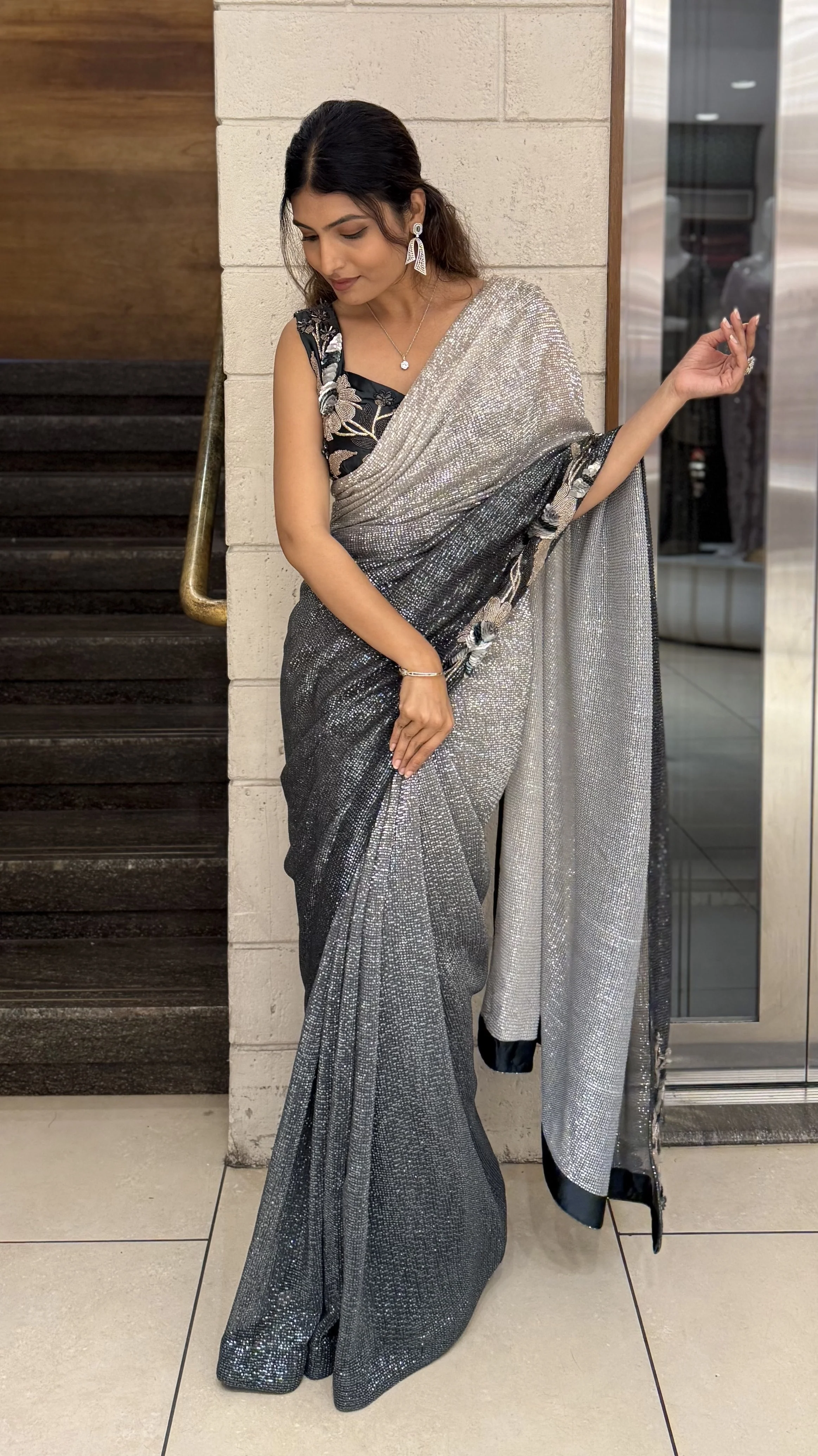 Black Ready-to-Wear Designer Saree with Silver Shimmer & Embellished Blouse - Image 7