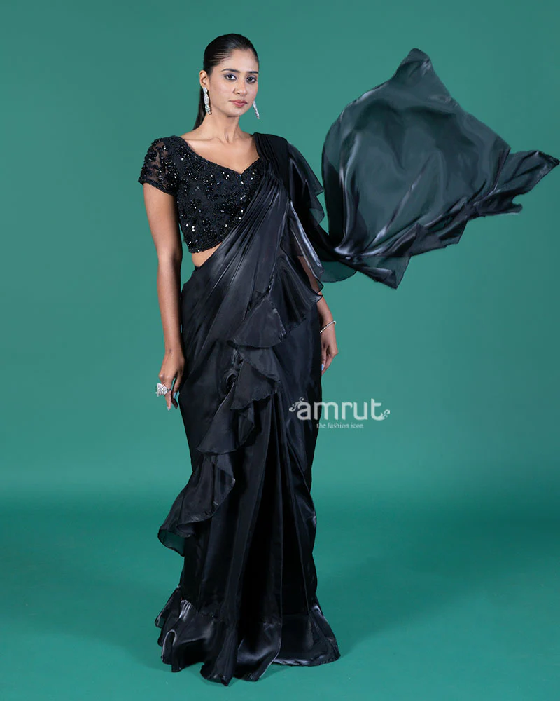 Black Ready-to-Wear Saree with Embellished Blouse and Ruffled Border - Image 4