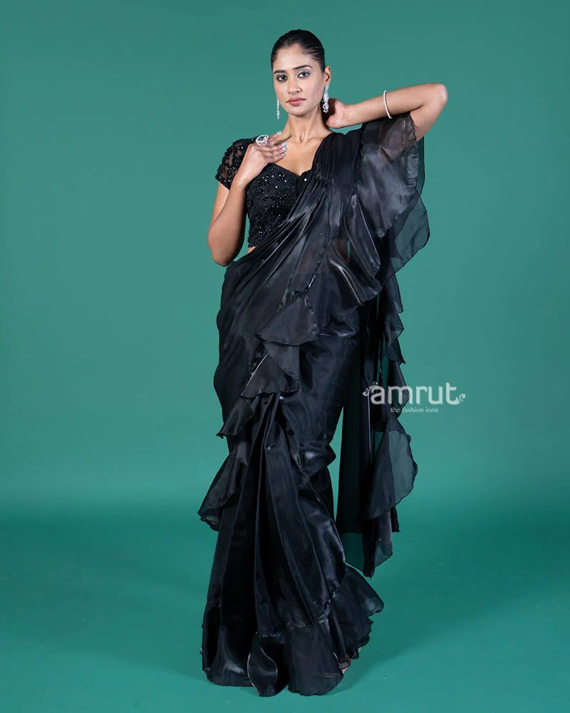 Black Ready-to-Wear Saree with Embellished Blouse and Ruffled Border - Image 5