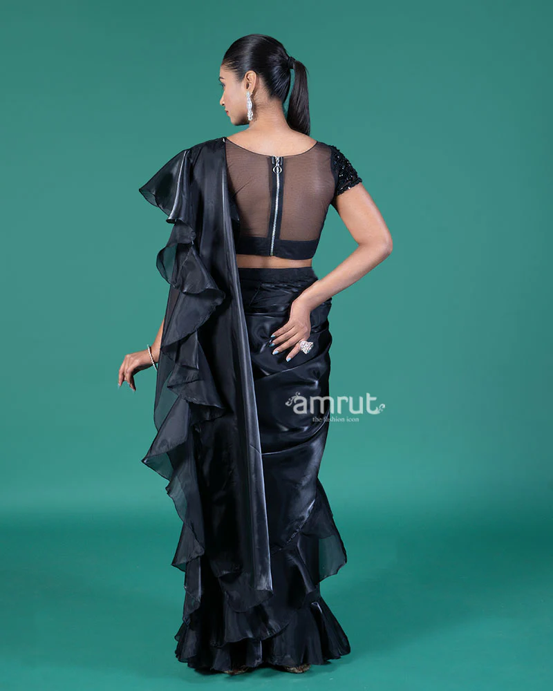 Black Ready-to-Wear Saree with Embellished Blouse and Ruffled Border - Image 6
