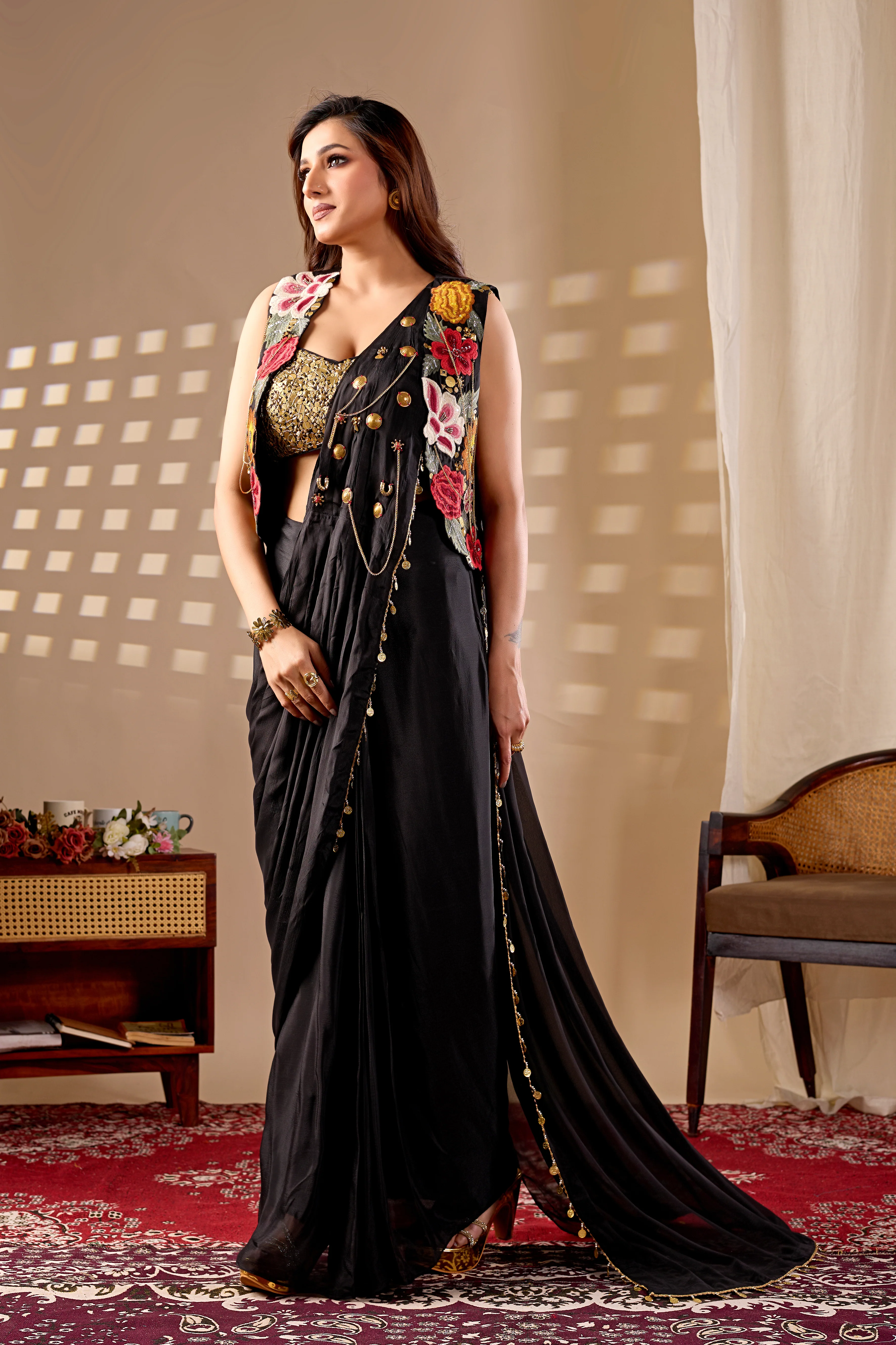 Black Ready to Wear Saree with Embroidered Jacket Blouse - Image 2