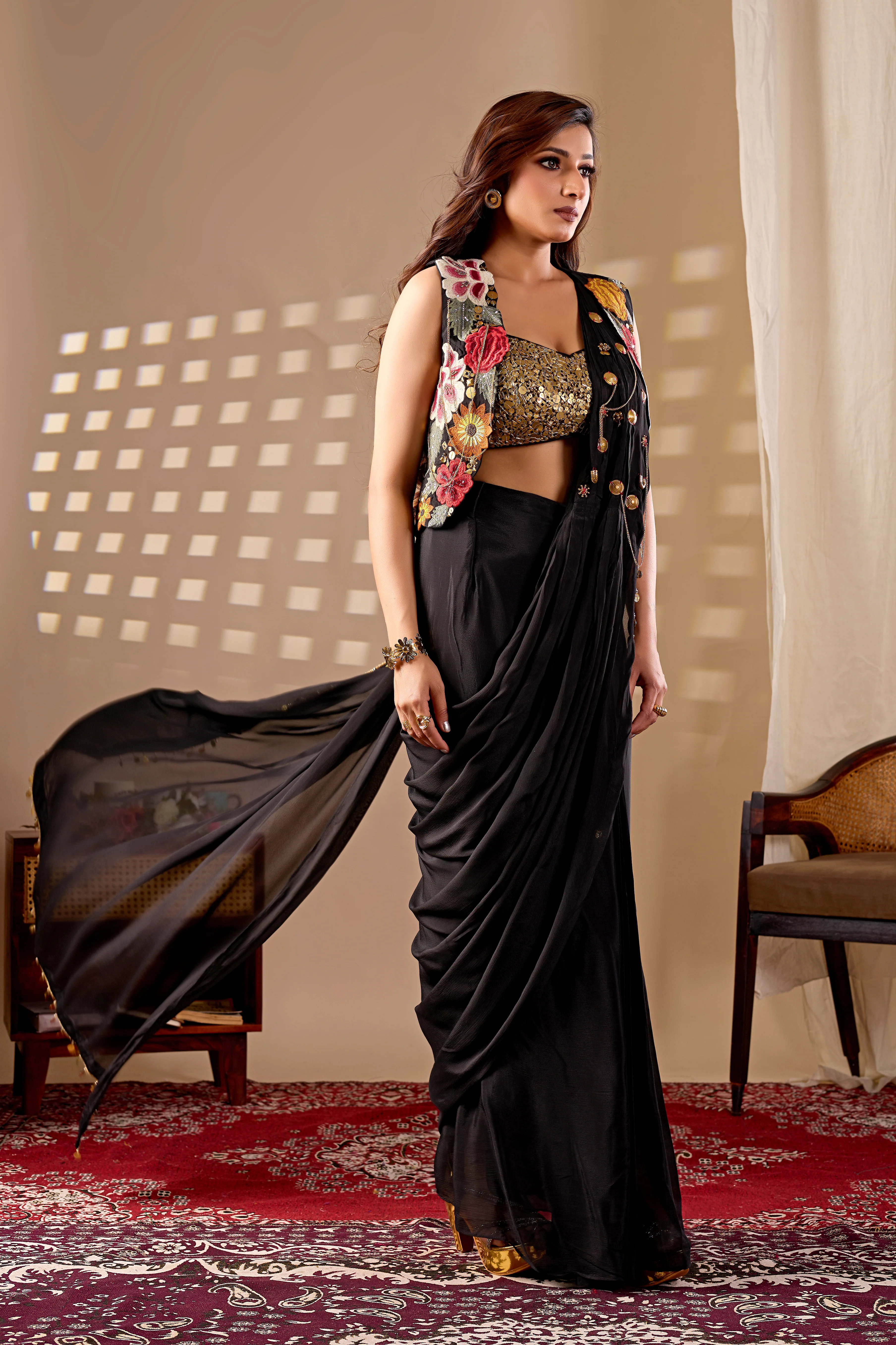 Black Ready to Wear Saree with Embroidered Jacket Blouse - Image 3