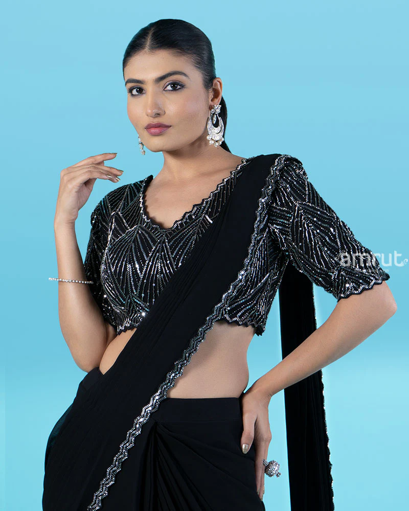 Black Ready-to-Wear Saree with Silver Beaded Blouse and Tassel Border - Image 2