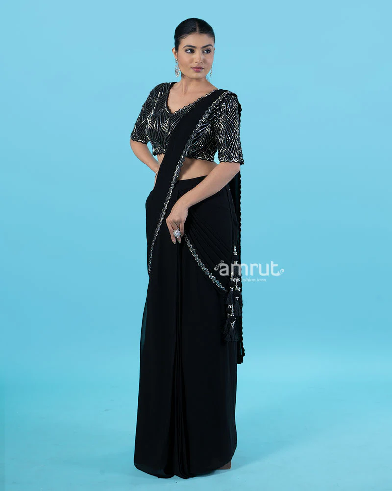 Black Ready-to-Wear Saree with Silver Beaded Blouse and Tassel Border - Image 4