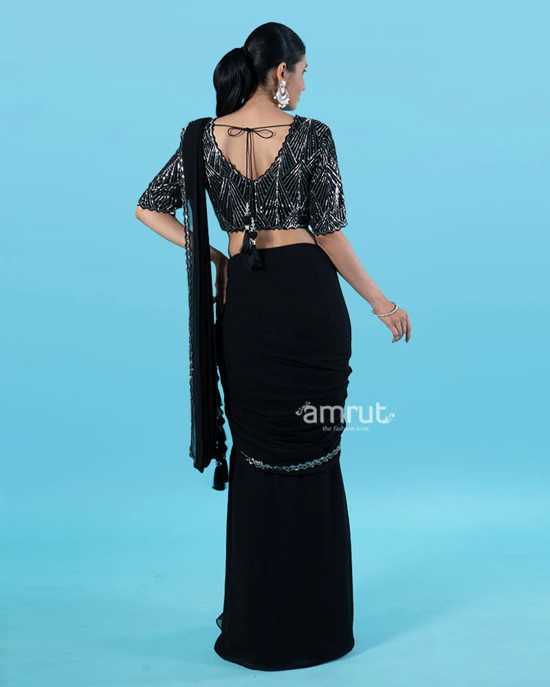 Black Ready-to-Wear Saree with Silver Beaded Blouse and Tassel Border - Image 5