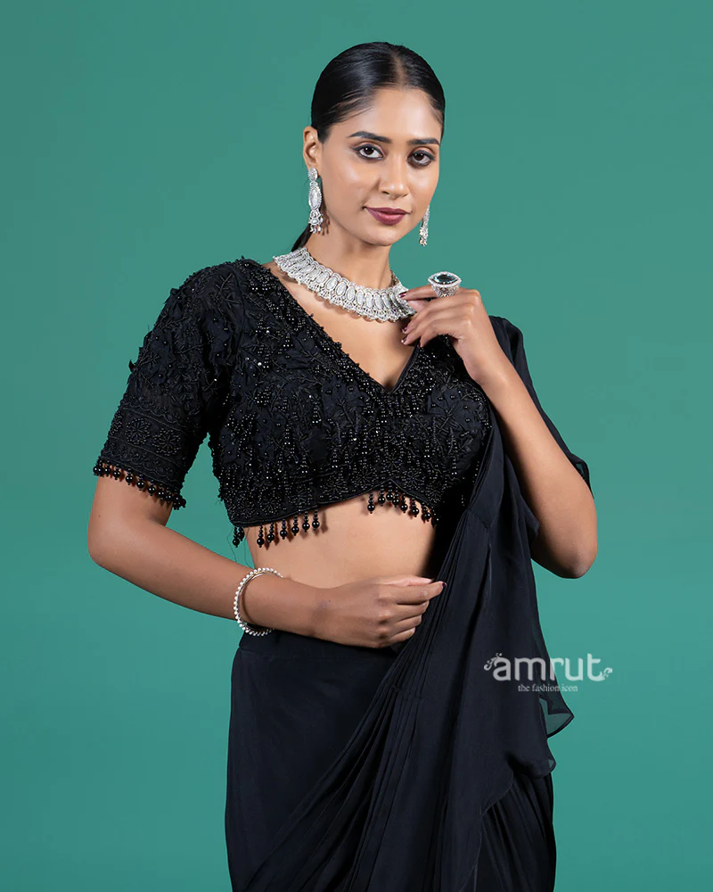 Black Ruffle Drape Saree with Embellished Blouse - Image 2