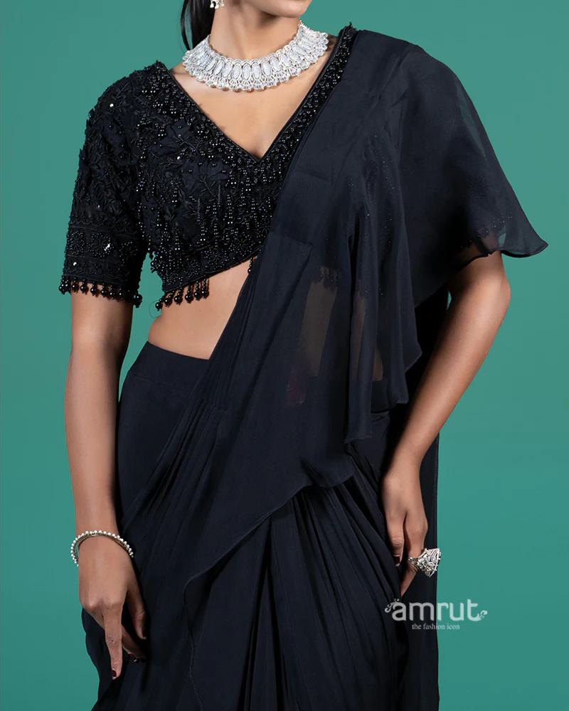 Black Ruffle Drape Saree with Embellished Blouse - Image 3