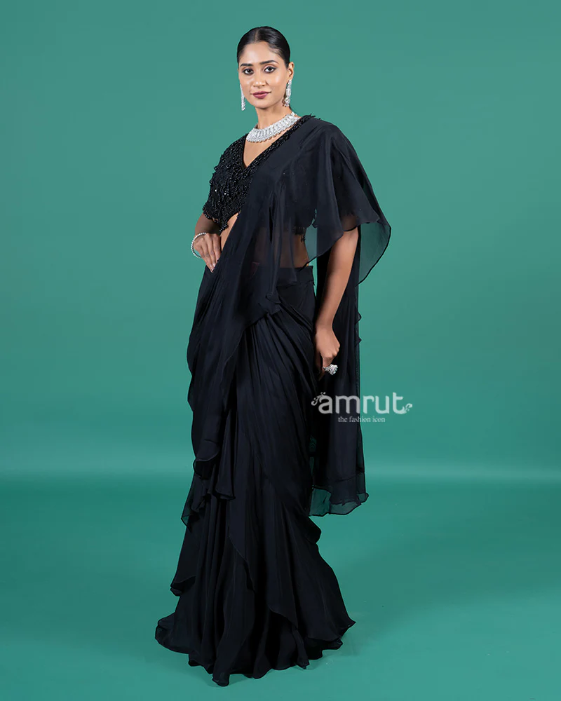 Black Ruffle Drape Saree with Embellished Blouse - Image 4