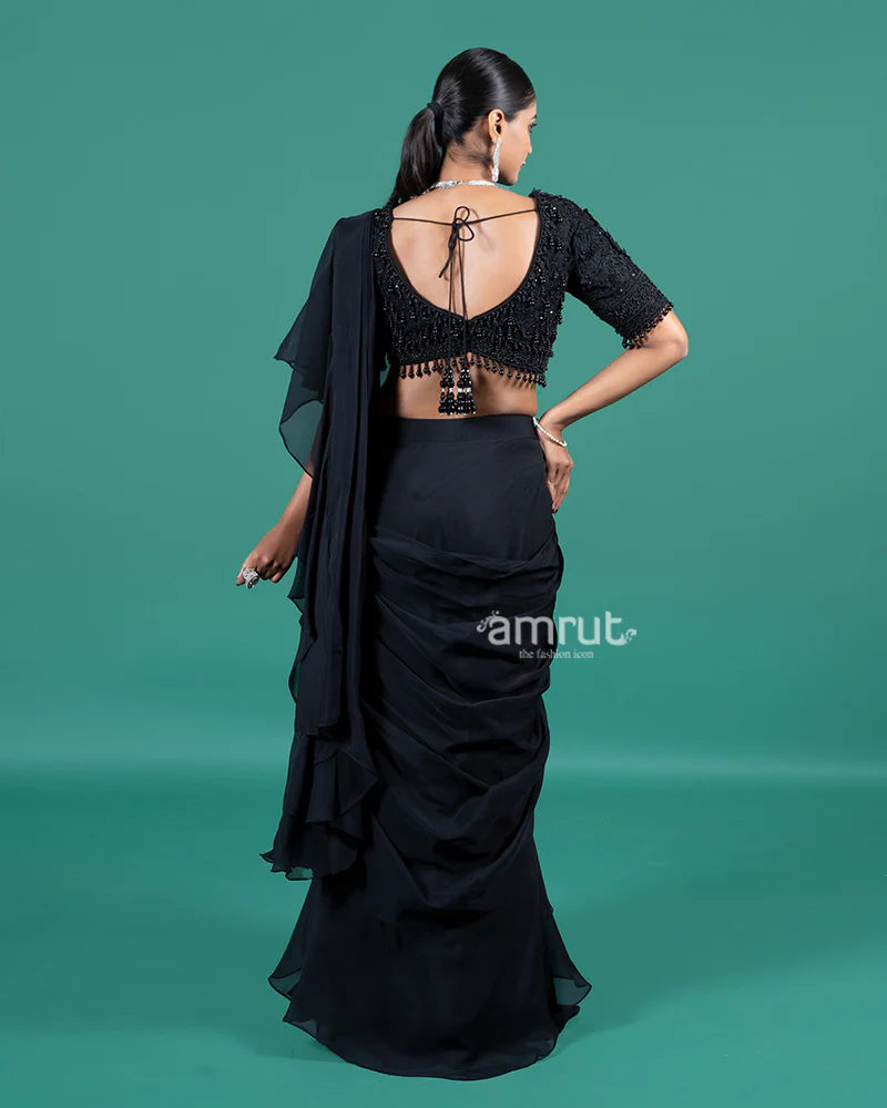 Black Ruffle Drape Saree with Embellished Blouse - Image 5