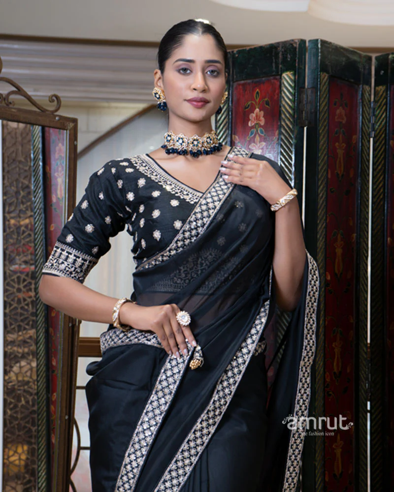 Black Saree with Golden Embroidered Stitched Blouse - Image 2