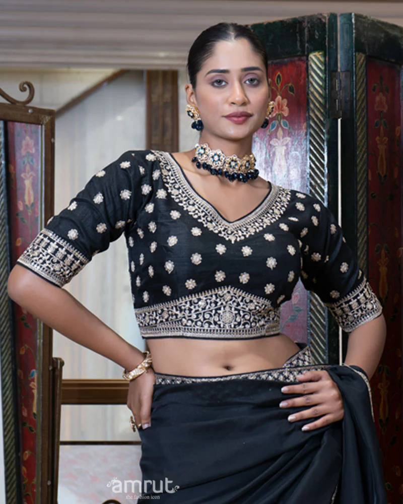 Black Saree with Golden Embroidered Stitched Blouse - Image 4